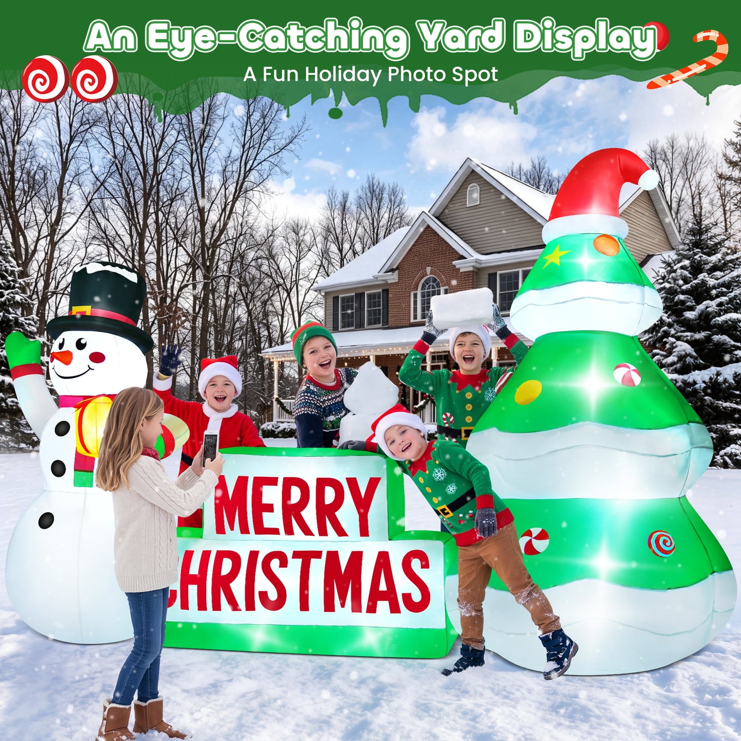 Yexmas 9FT Christmas Inflatable Snowman with Tree, Blow Up Outdoor Yard Decoration with Built-in LED Light for Yard Gardern Lawn