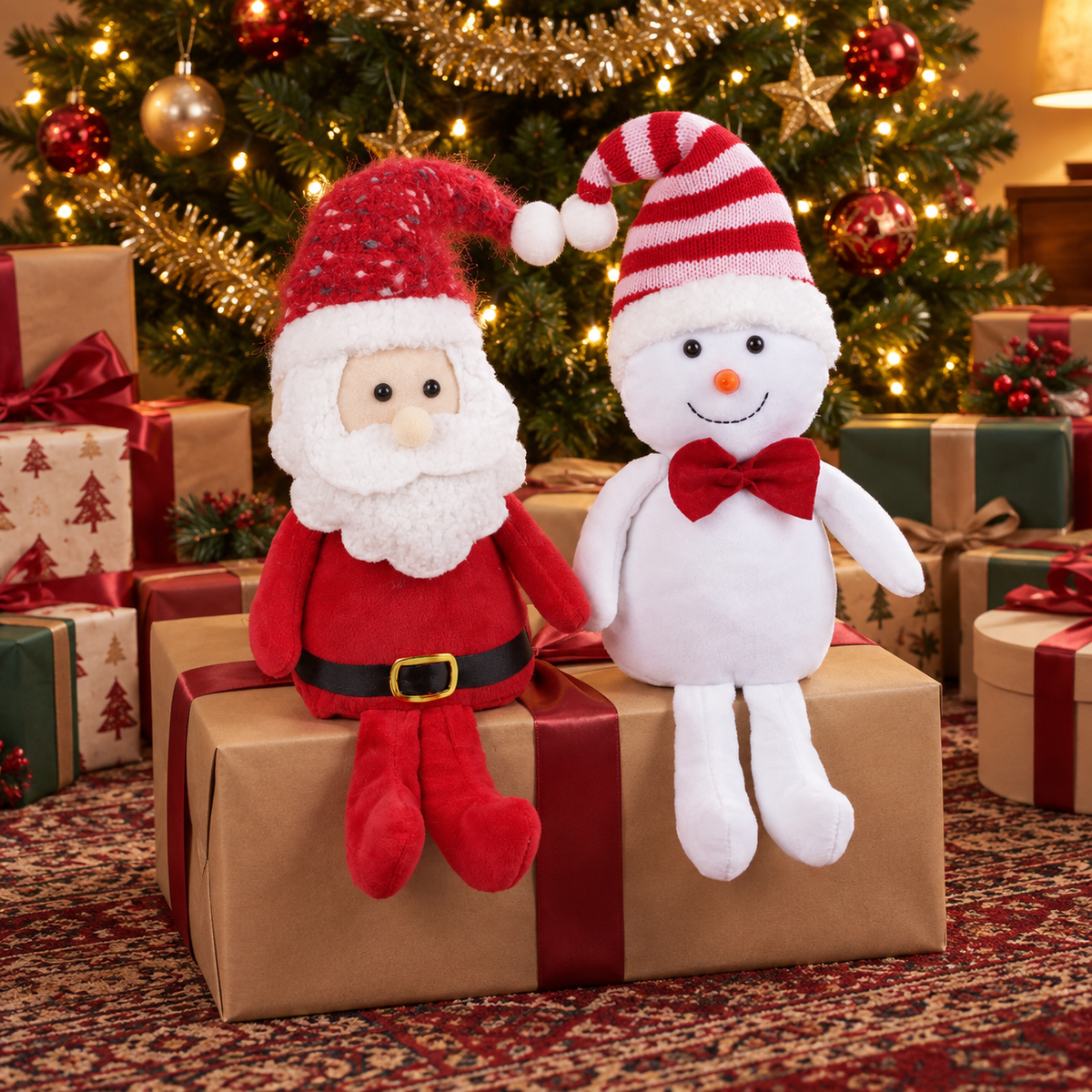 Yexmas 2pcs Plush Christmas Decorations with Snowman&Santa Claus, Handmade Soft Santa Doll, Stuffed Figurine Xmas Ornaments for Door Window Table Fireplace Party Holiday Decor