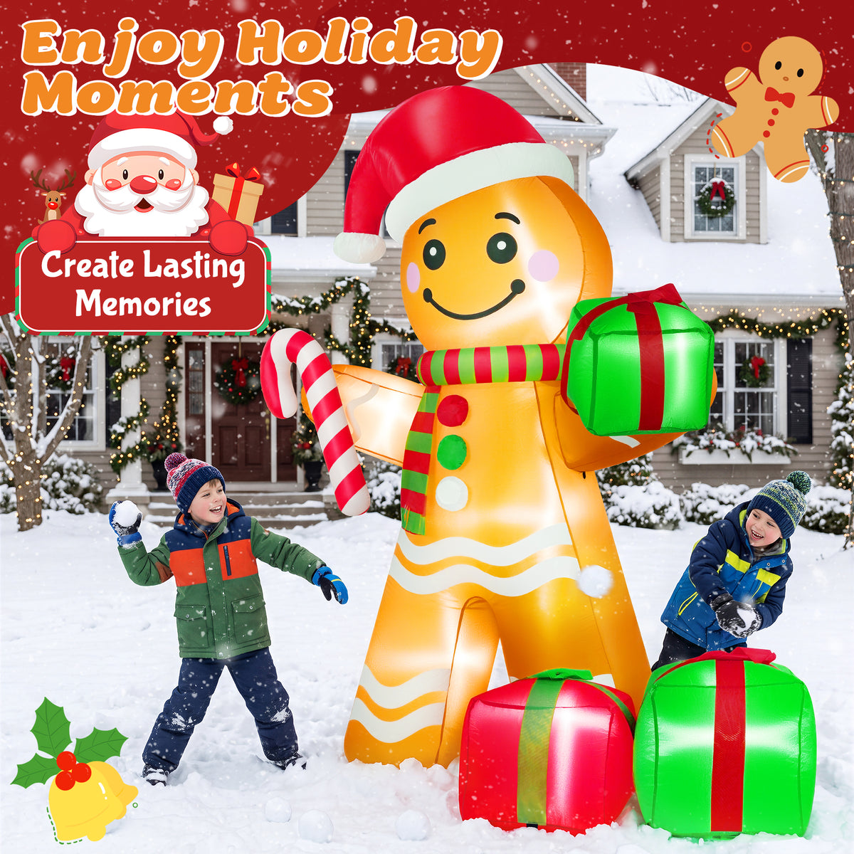 Yexmas 6FT Christmas Inflatable Gingerbread Man with Candy Cane and Gift Boxes, Blow Up Outdoor Yard Decor with Built-In LED Lights for Lawn Garden