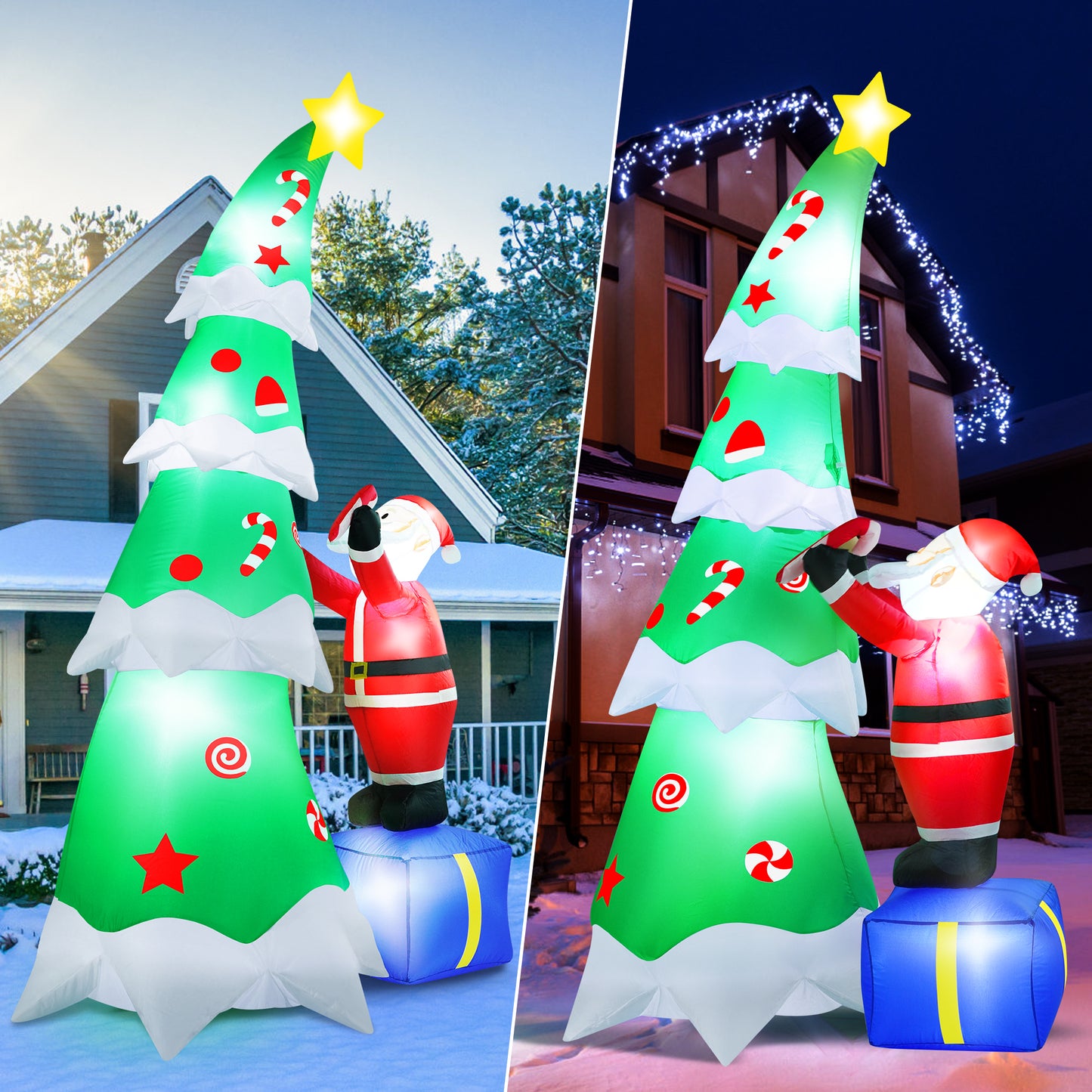 Yexmas 7FT Large Outdoor Inflatable Christmas Tree with Santa Claus on Gift Box, Built-in LED Lights, Blow Up Xmas Decoration for Yard, Garden, Lawn, Holiday Party