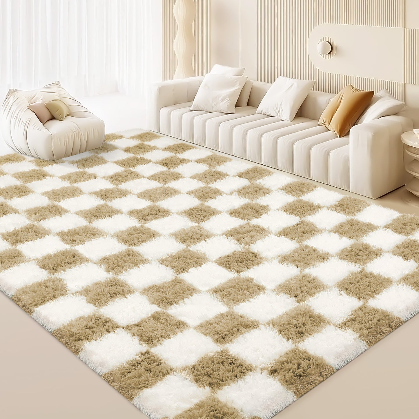 CozyDesg Shag Area Rugs,5'x8'/8' x 10' Soft Fluffy Floor Rugs Checkered Carpet，Washable Area Rugs for Living Room Bedroom Decor,Beige & White