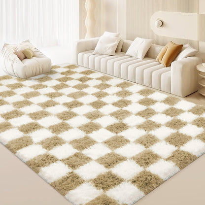 CozyDesg Shag Area Rugs,5'x8'/8' x 10' Soft Fluffy Floor Rugs Checkered Carpet，Washable Area Rugs for Living Room Bedroom Decor,Beige & White