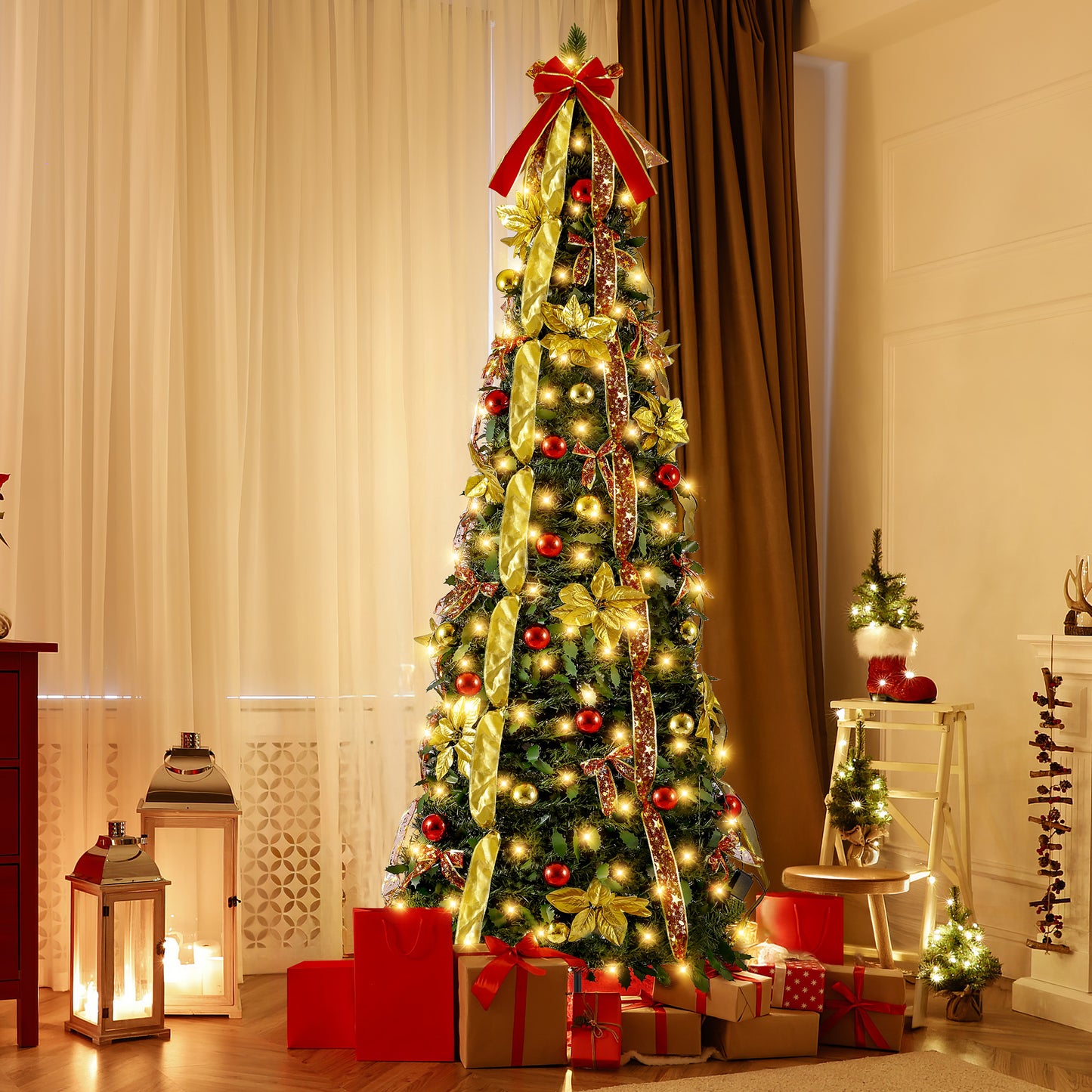 Lookfly 6FT Pre-Lit Christmas Tree,Green Pop Up Christmas Trees for Indoor Holiday Party Decorations