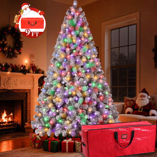 Yexmas 9FT Pre-Lit Snow Flocked Christmas Tree,Artificial White Christmas Tree with Large Christmas Tree Storage Bag,11 Modes Warm White & Multicolor LED Lights for Xmas Decoration