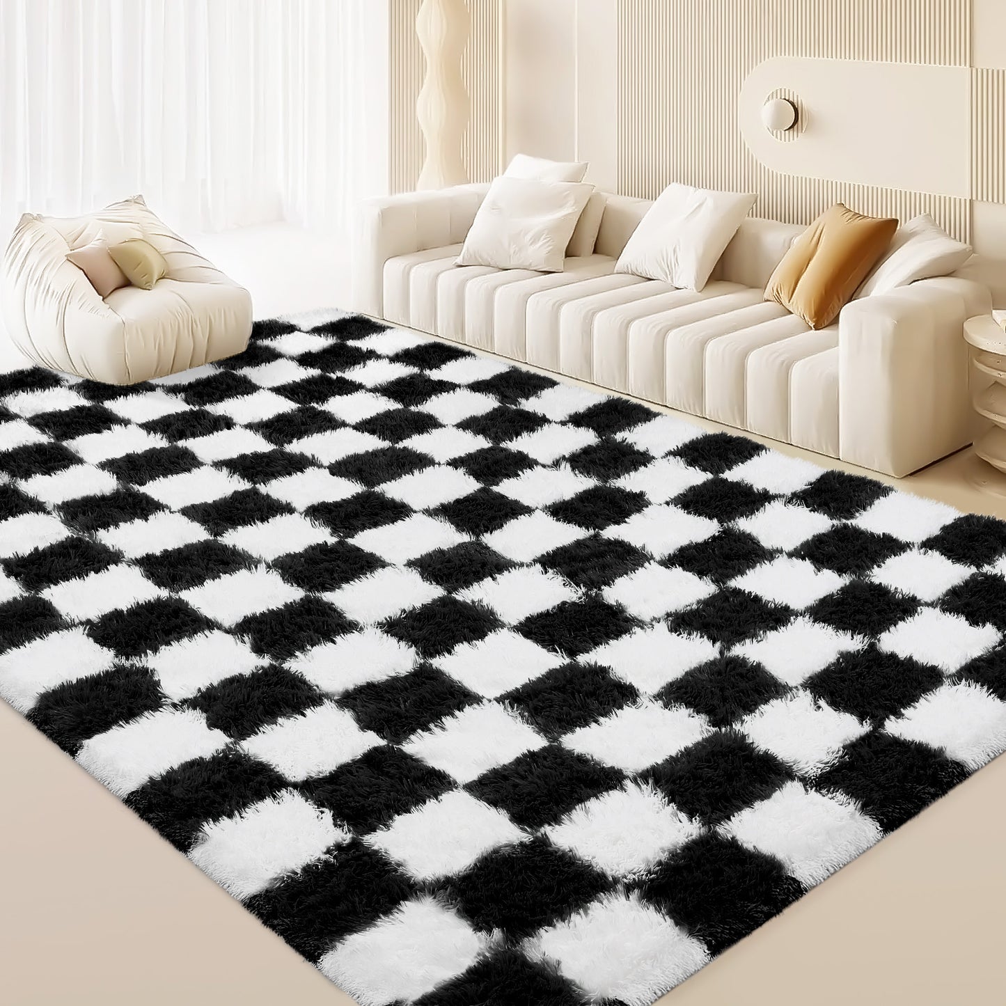 CozyDesg Shag Area Rugs,5'x8'/8' x 10' Soft Fluffy Floor Rugs Checkered Carpet，Washable Area Rugs for Living Room Bedroom Decor,Beige & White