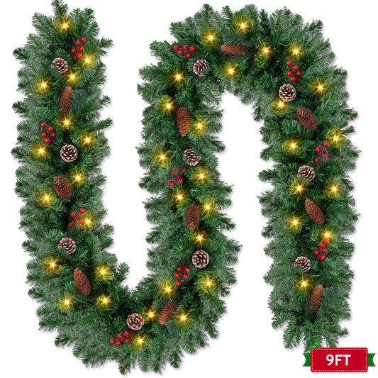 Yexmas 9ft Large Christmas Garland, Multi-Purpose Xmas Wreath with 60 LED Lights, Decorated with Pinecones, Berry Clusters, Battery Operated