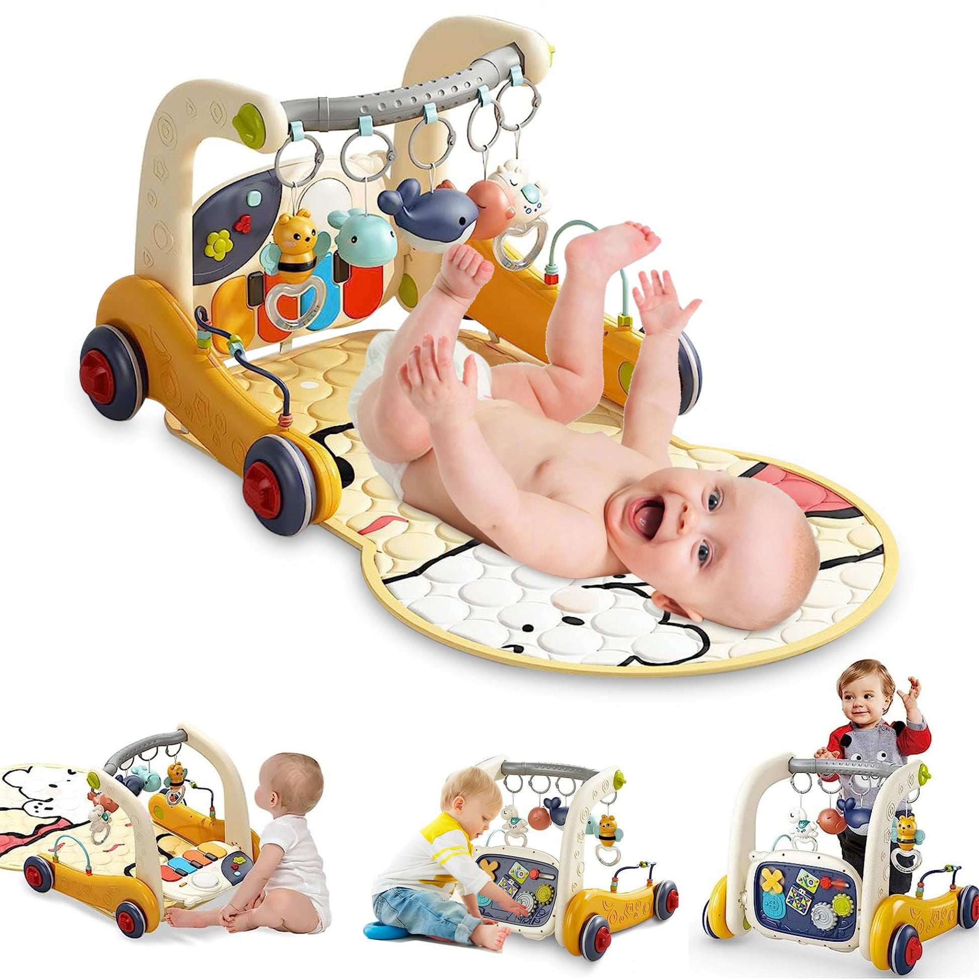 TEAYINGDE 3 in 1 Baby Play Mat Gym Walker Play Piano Tummy Time Baby A