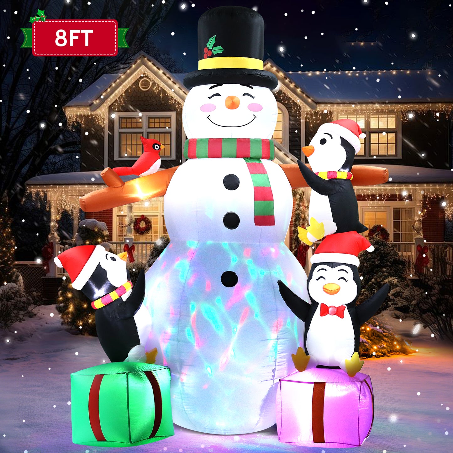 LOOKFLY 8 ft Giant Christmas Snowman Inflatable Outdoor Decoration with Build-in Multicolor LEDs, Blow Up Inflatables for Xmas Party Garden Patio Lawn