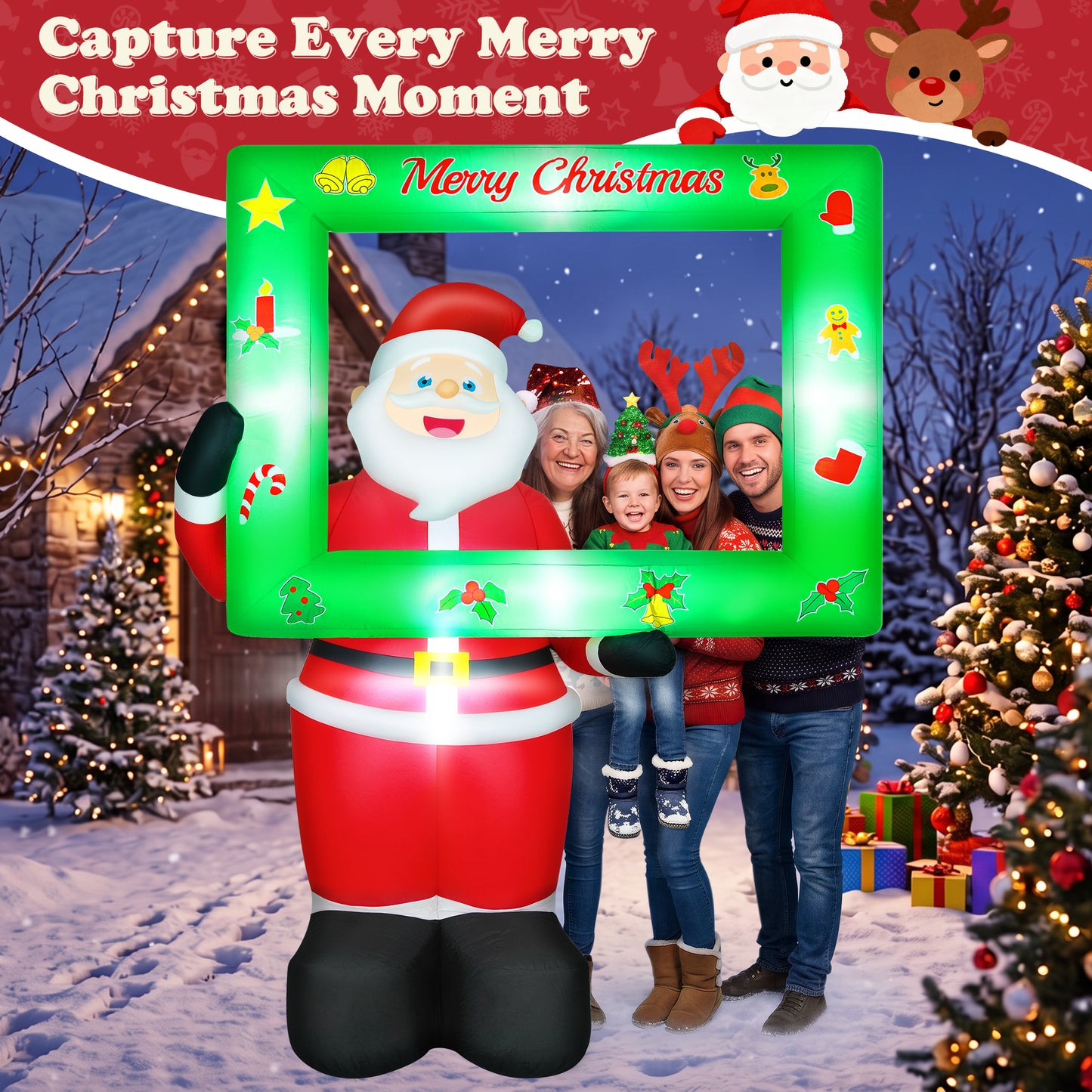 Yexmas 7FT Christmas Inflatable Santa Claus with Photo Frame, Blow Up Santa Claus Xmas Decorations for Outdoor Indoor, Built-in LED Light for Yard Gardern Lawn