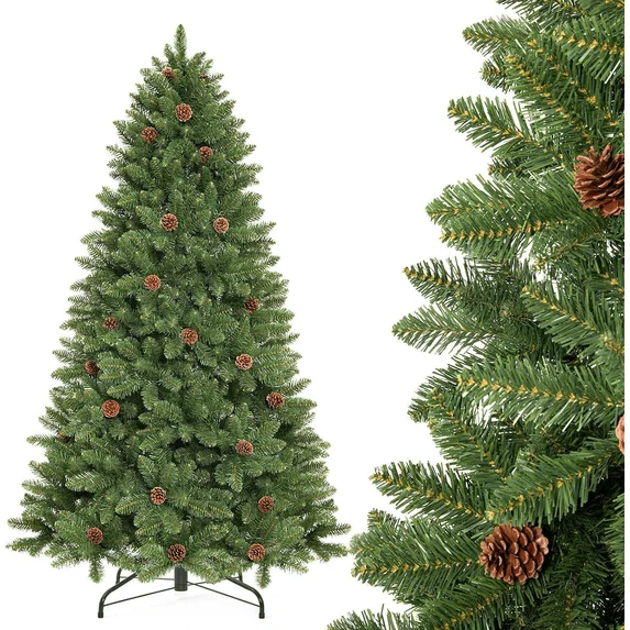 Yexmas 6FT Artificial Christmas Tree – Green Pine with Pinecones, Metal Stand, Easy to Assemble, Suitable for Indoor Holiday Decorations in Living Rooms and Porches