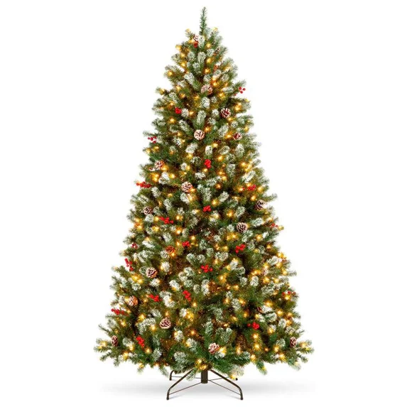 Yexmas 7.5FT Pre-lit Artificial Christmas Tree—Snow Flocked Pine with Pinecones and Berries, Indoor Outdoor Holiday Decor
