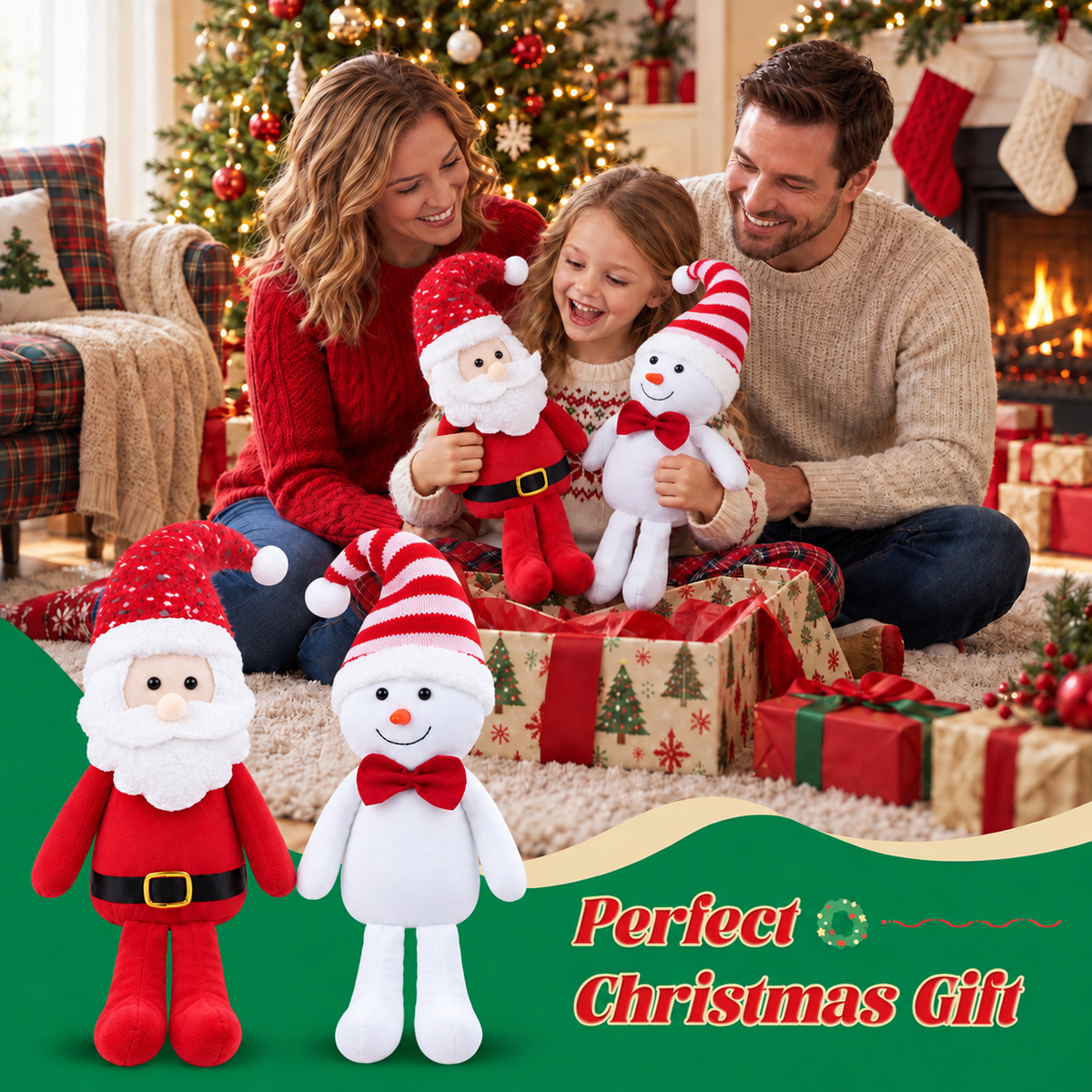 Yexmas 2pcs Plush Christmas Decorations with Snowman&Santa Claus, Handmade Soft Santa Doll, Stuffed Figurine Xmas Ornaments for Door Window Table Fireplace Party Holiday Decor