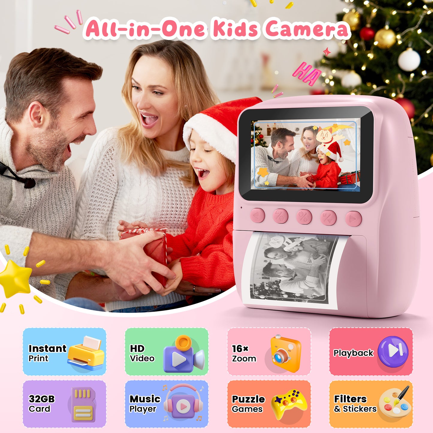 Yexmas Instant Print Toys Camera for Kids, 1080P HD Camera with 32GB SD Card, 3 Paper Rolls, Color Pens & Lanyard, Pink
