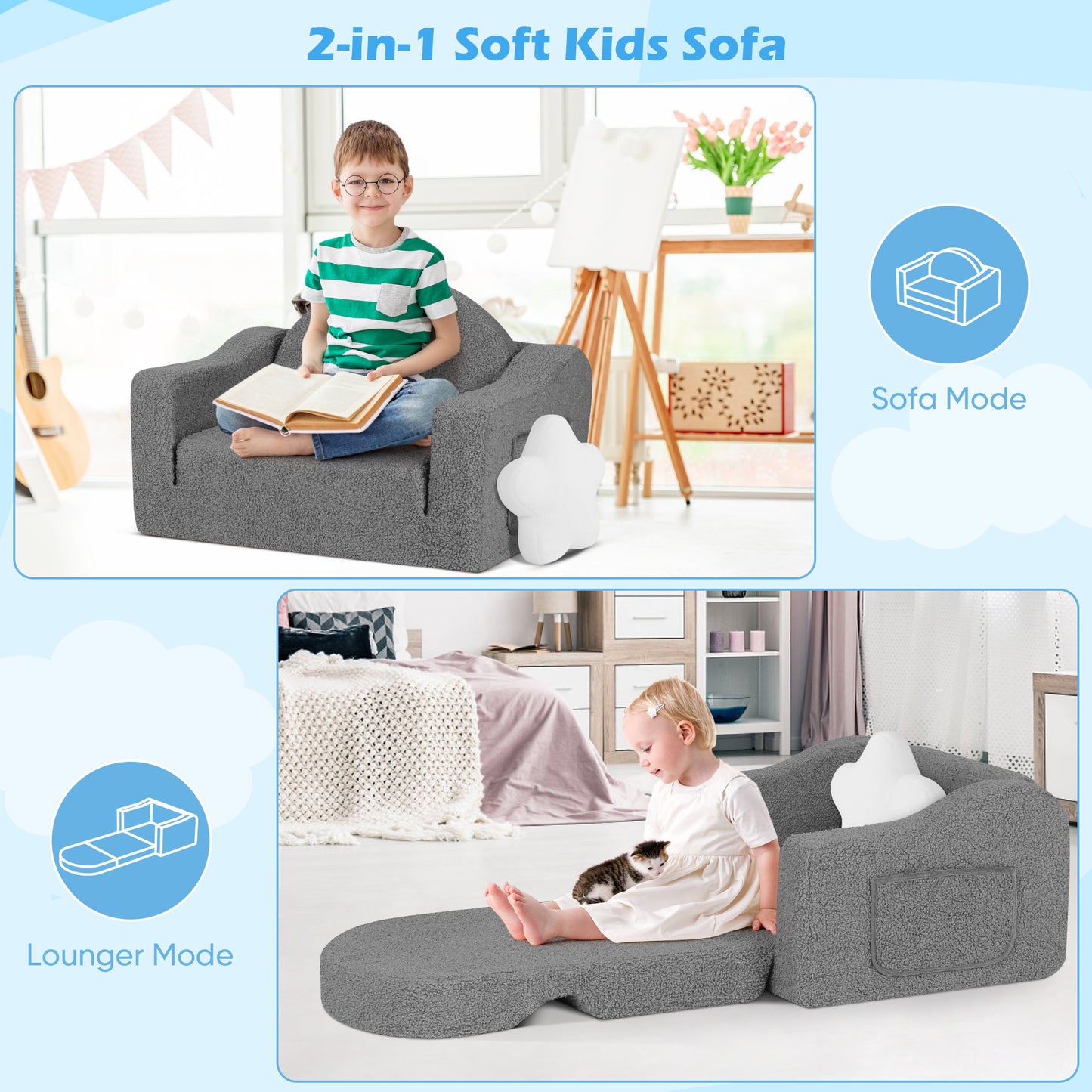 babyeap Kids Couch,2-in-1 Soft Toddler Couch Fold Out,Convertible Sofa to Lounger,Gifts for Kids Girl Boys,Dark Gray