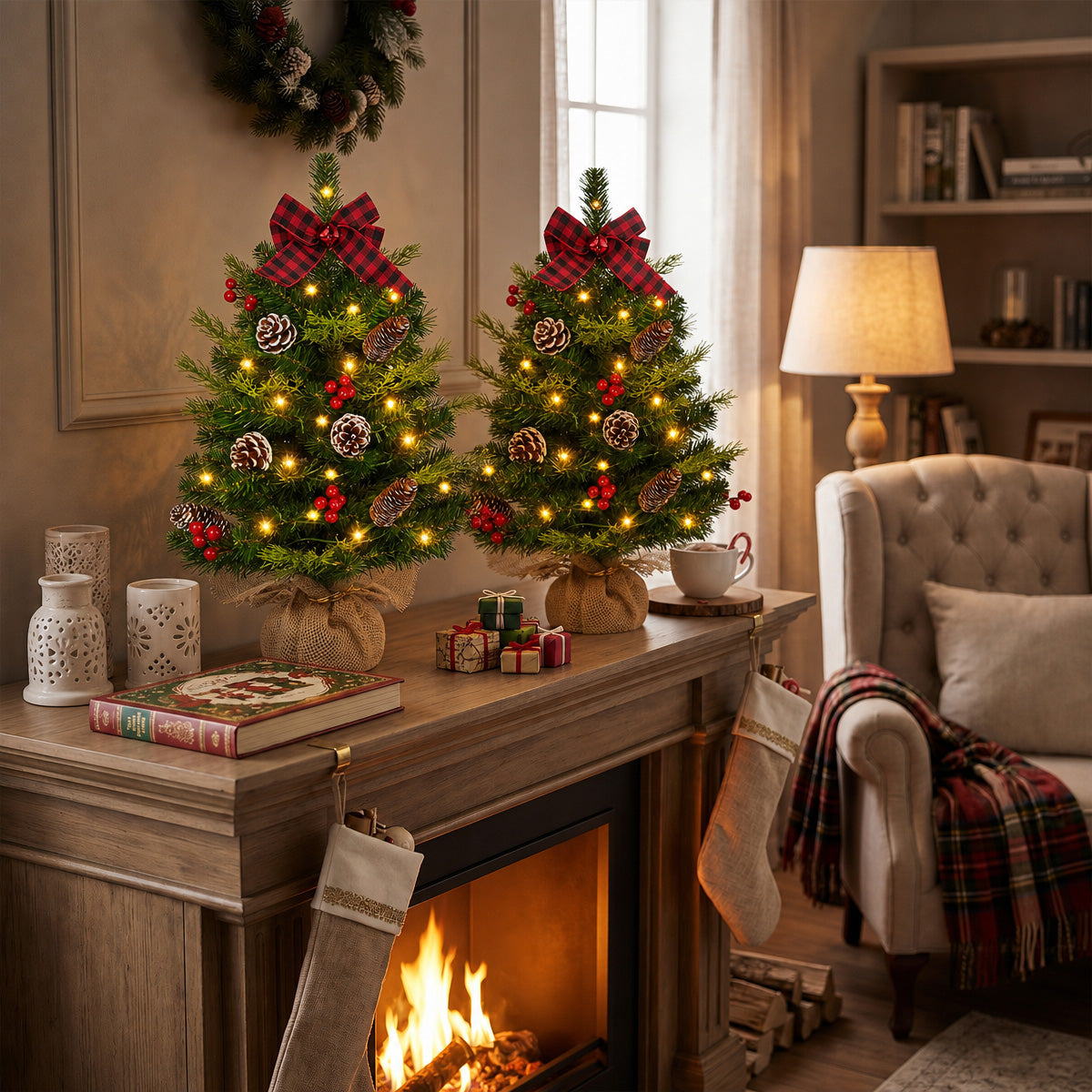 Yexmas 2PCS Pre-lit Artificial Mini Christmas Tree,24 Inch Small Tabletop Xmas Tree for Indoor Outdoor Christmas Decor