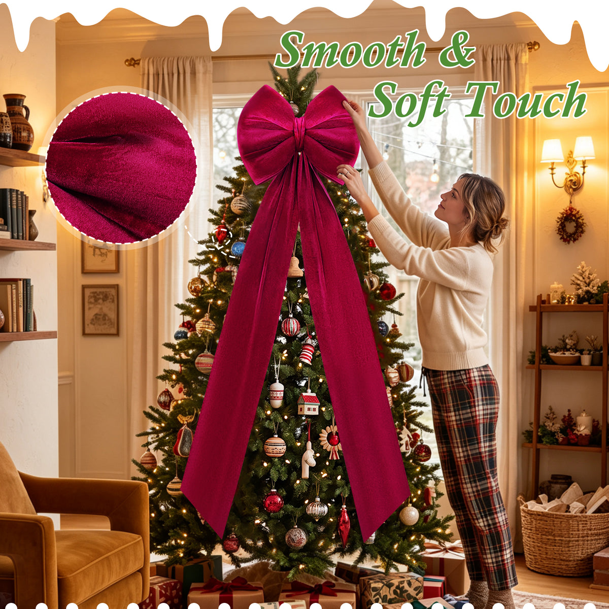 Yexmas 70×20 Inch Giant Velvet Christmas Bows, Big Burgundy Bows Tree Topper Ribbon Hanging Bows Decor for Holiday Front Door Wall Party Wreath Garland Crafts Xmas Decoration