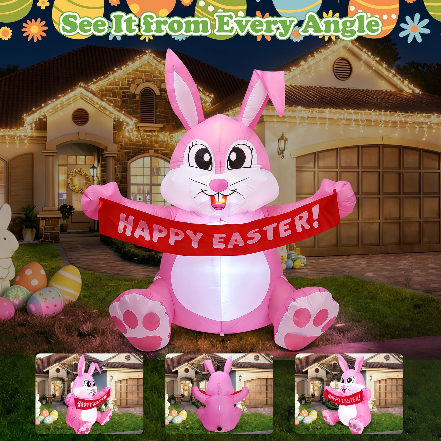 Yexmas 5ft Easter Inflatables,Blow Up Yard Decoration Happy Easter Bunny Decorations Built in LED Lights for Outdoor Lawn Garden Party