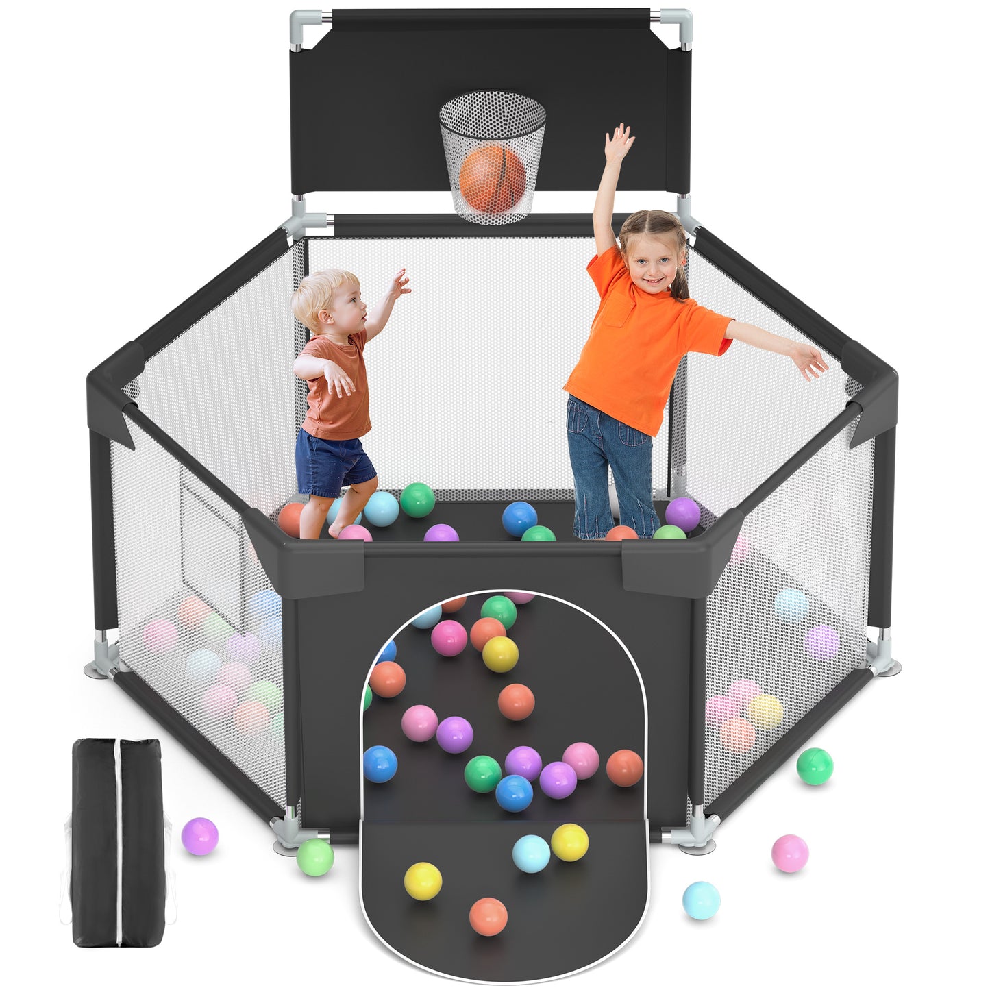 babyeap Baby Playpen with Basketball Hoop,Playpen for Babies and Toddlers,Hexagonal Fence Baby Play Yards,Dark Gray