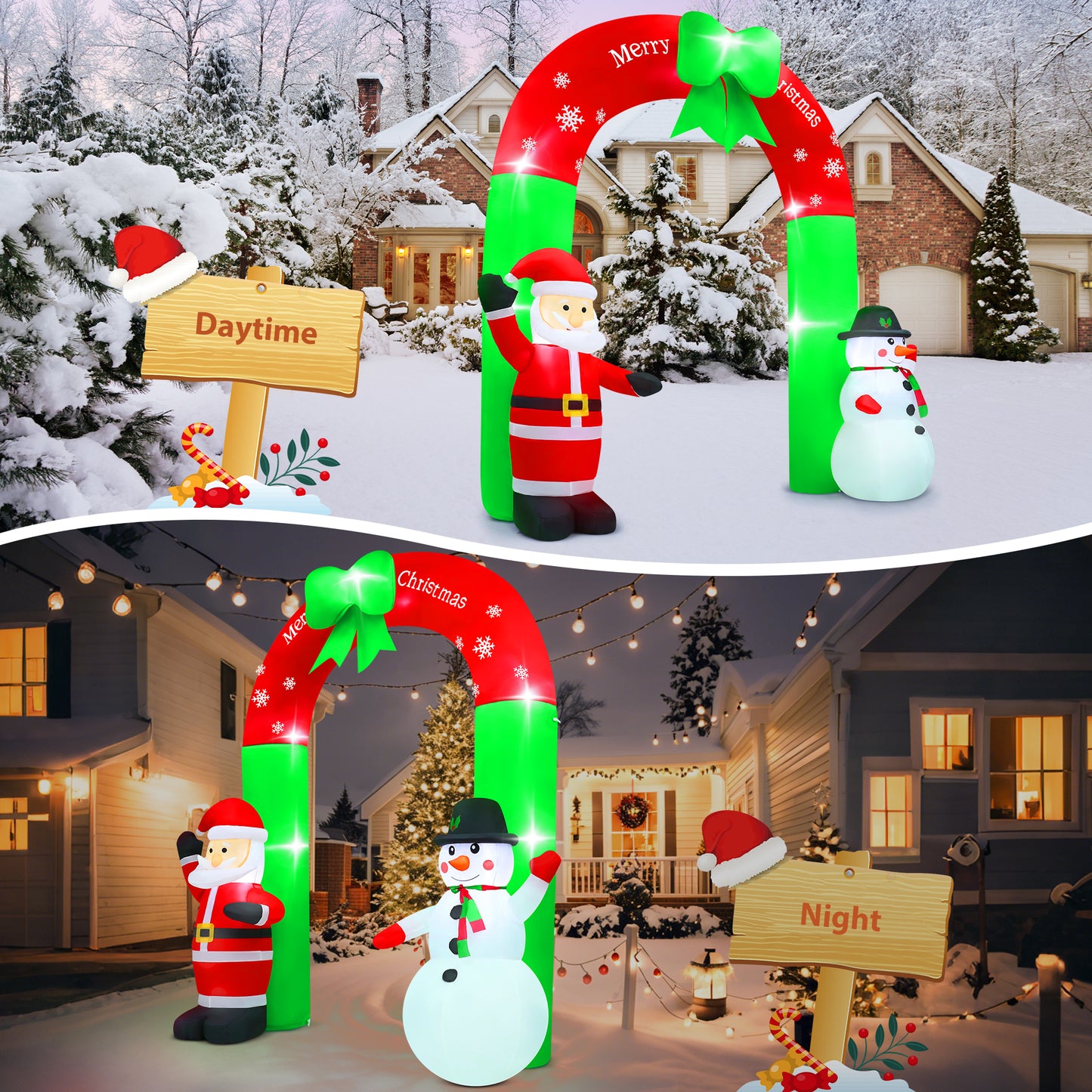 Lookfly 8FT Christmas Inflatable Archway,Christmas Blow Up Yard Decorations with Santa Claus and Snowman,Outdoor Christmas Decorations with Bow LED Lights