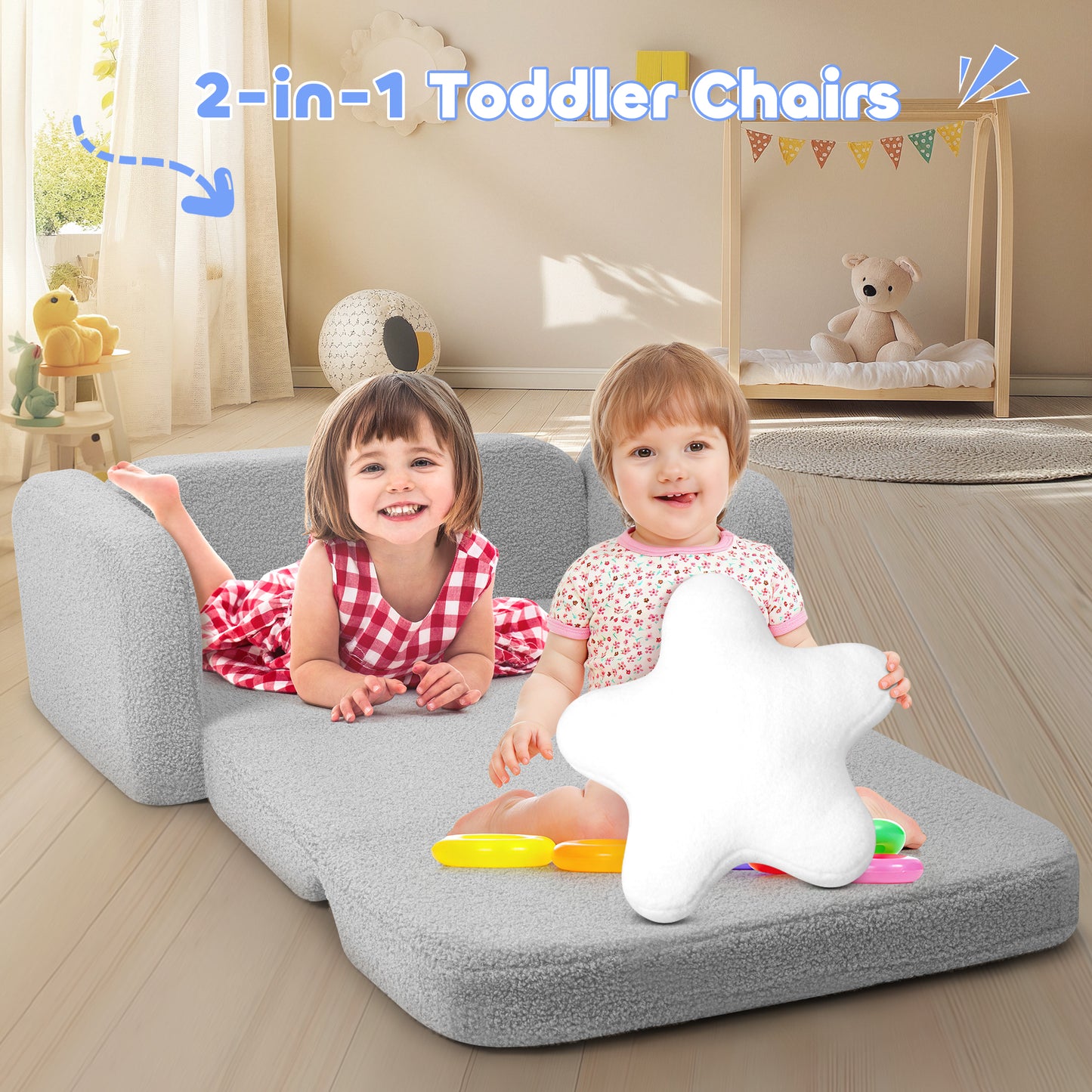 Babyeap Extra Wide Kids Chair,2-in-1 Convertible Toddler Chairs,Soft Comfy Kids Couch, Kids Sofa for Boys & Girls 3+,Light Gray