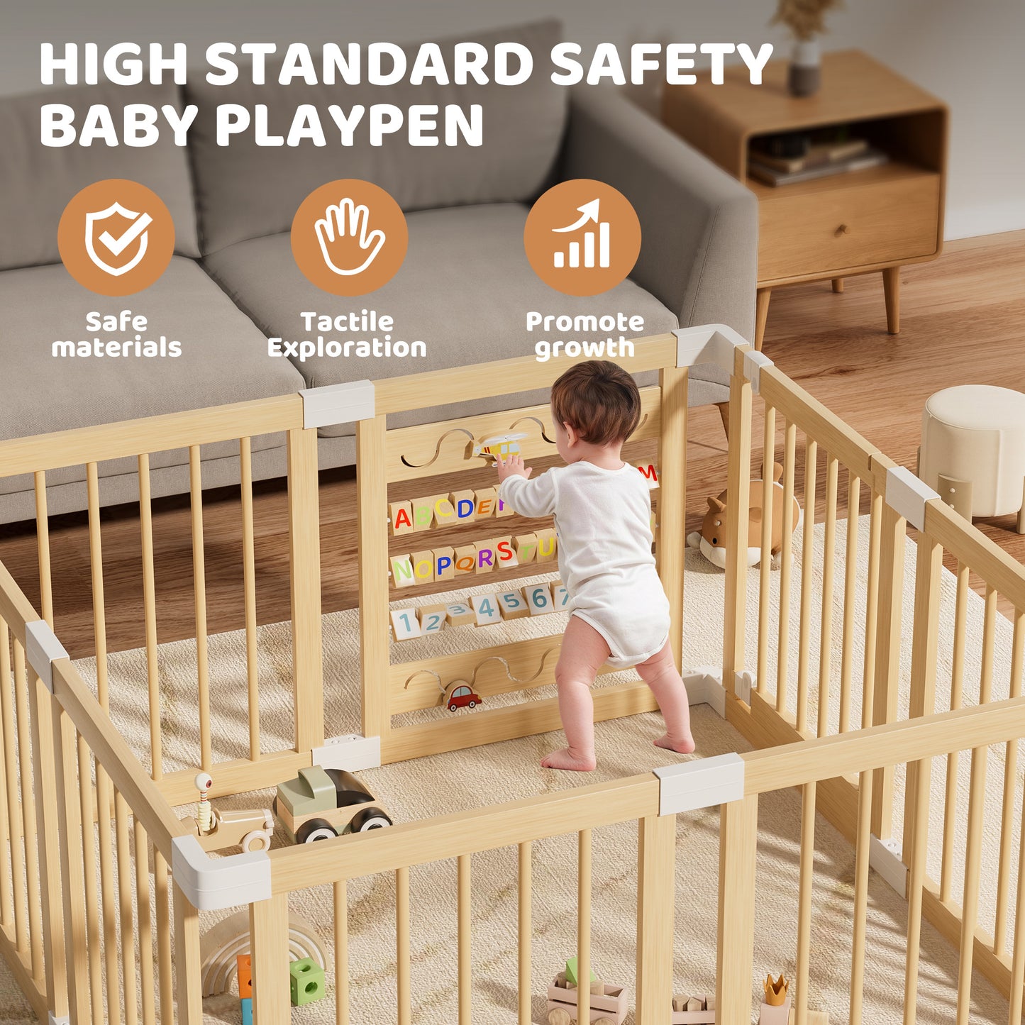 Babyeap Wooden Baby Playpen,Foldable Play Yards for Babies and Toddlers,Large Wood Play Gate with Built-in Toys,Baby Fence Activity Center 71x47x23.6 Inch