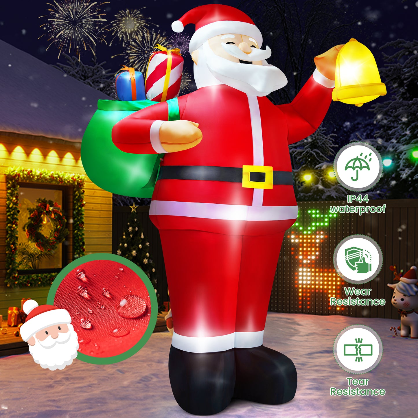 Yexmas 8ft Christmas Inflatable Santa Claus Outdoor Decor with Gift Bag and Bell,Large Blow Up Santa with LED Lights for Yard Lawn Garden