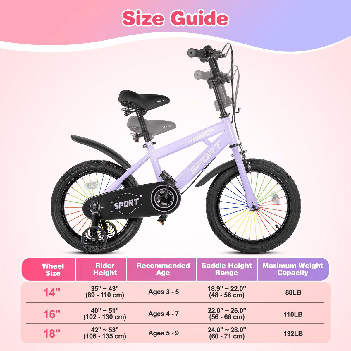 Lookfly 14" Kids Bike for Boys and Girls with Removable Training Wheels,Children's Cicycle,Purple