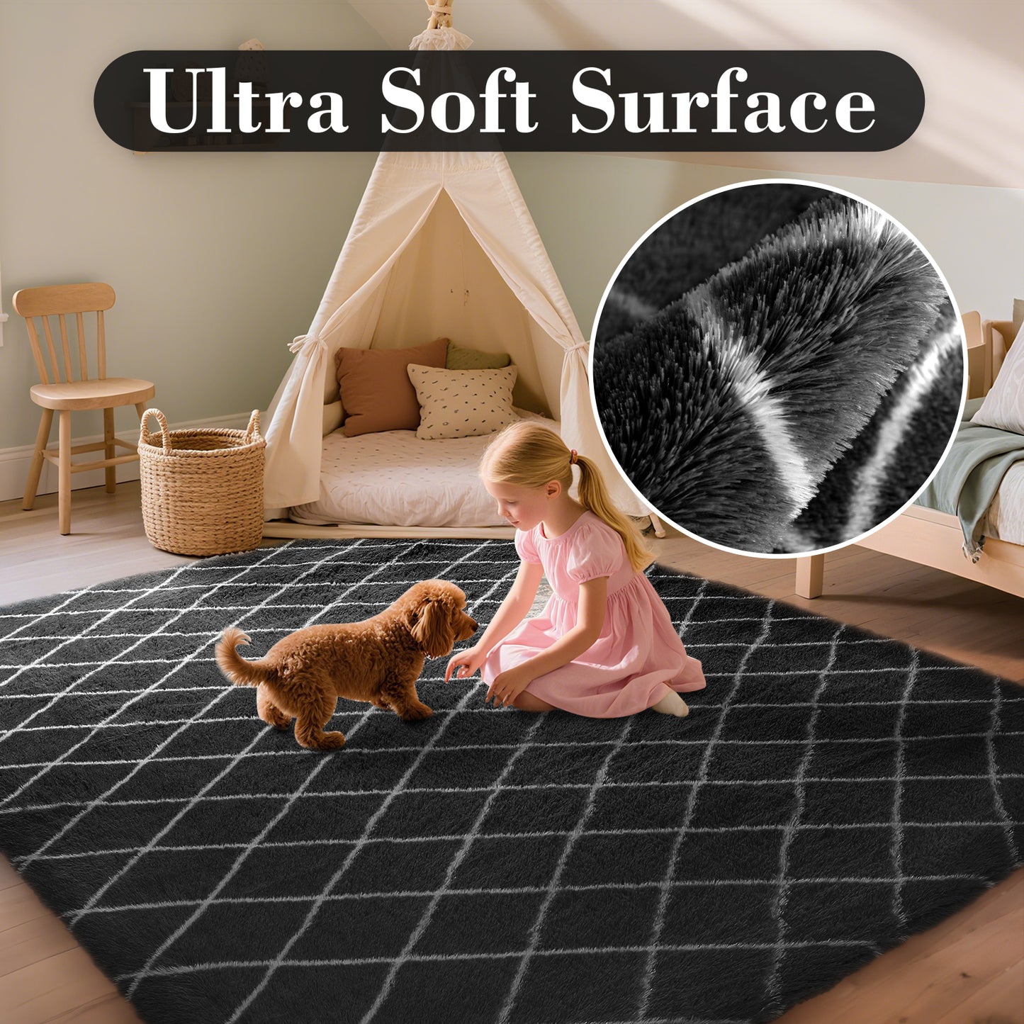 CozyDesg Shag Area Rugs,4'x6' Soft Fluffy Shaggy Carpet for Living Room,Large Rug for Bedroom Dining Room Home Decor Room Decor,Black & White