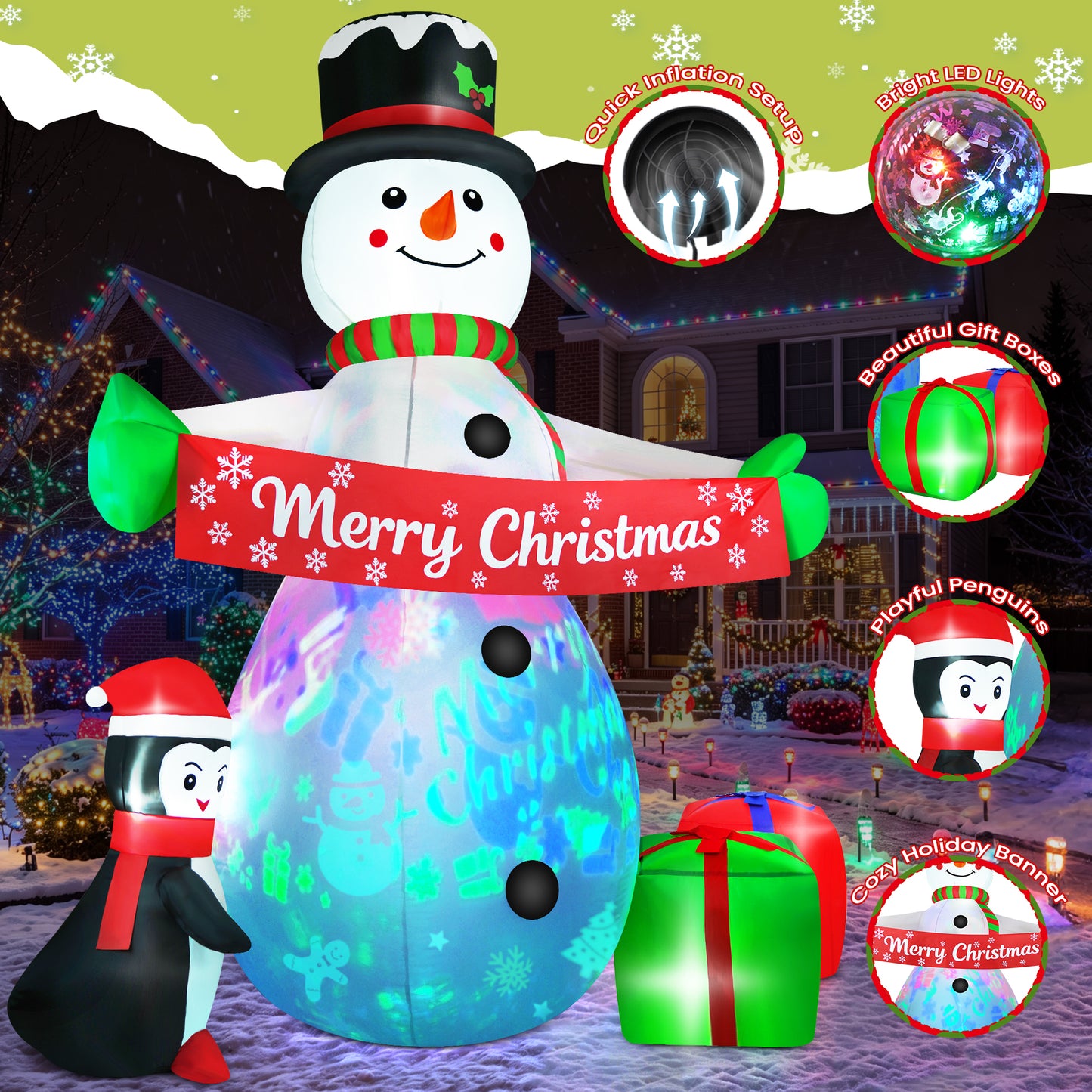 Yexmas 8FT Christmas Inflatable Snowman Blow Up Yard Decor with 360° Colorful Projection, Music On/Off, Penguin, Gift Boxes, Merry Christmas Banner for Outdoor Yard Decor