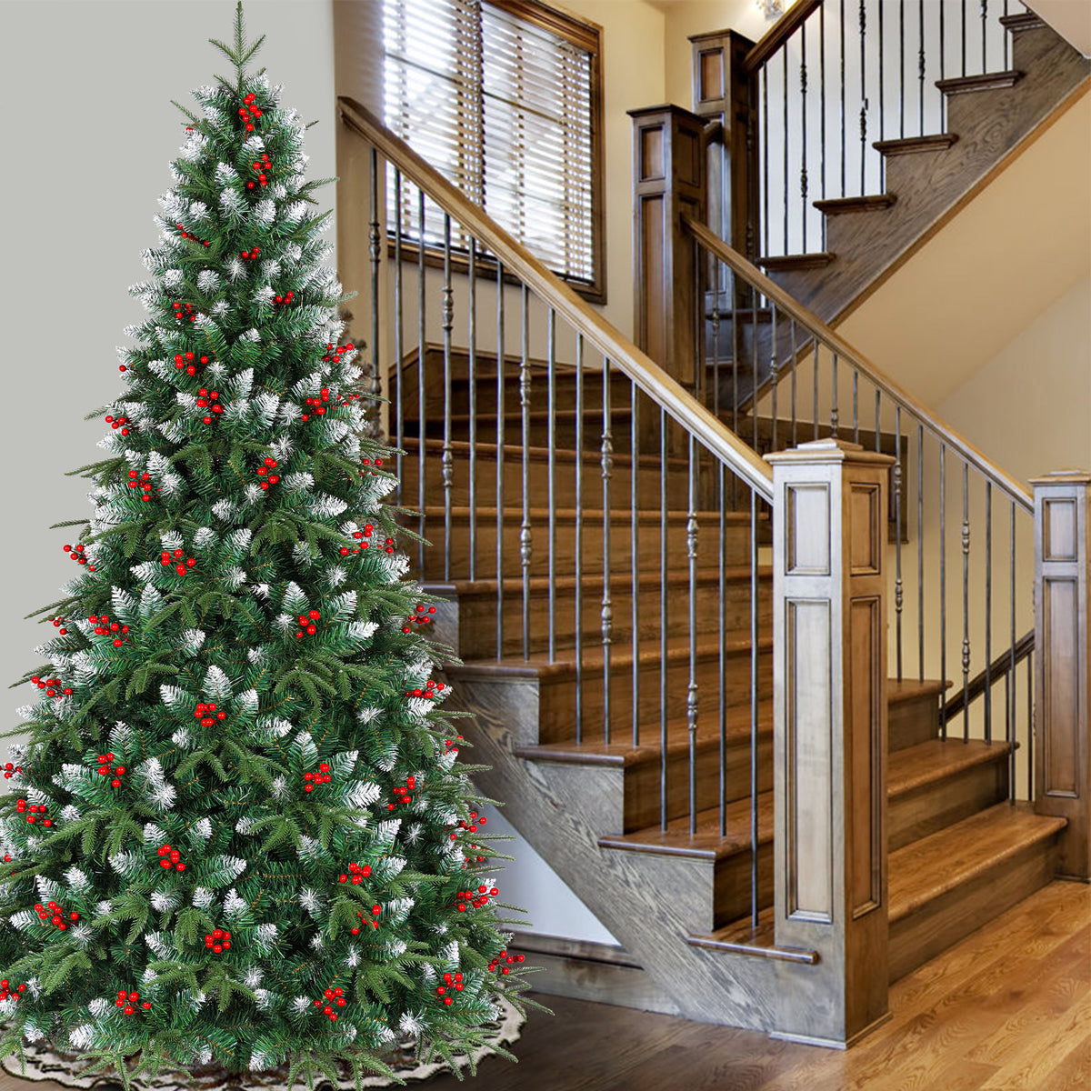 Yexmas 9ft Pre-Lit Artificial Christmas Trees,Green Xmas Tree with Large Christmas Tree Storage Bag, Berries, Realistic Artificial Christmas Trees for Home, Office, Party Decoration