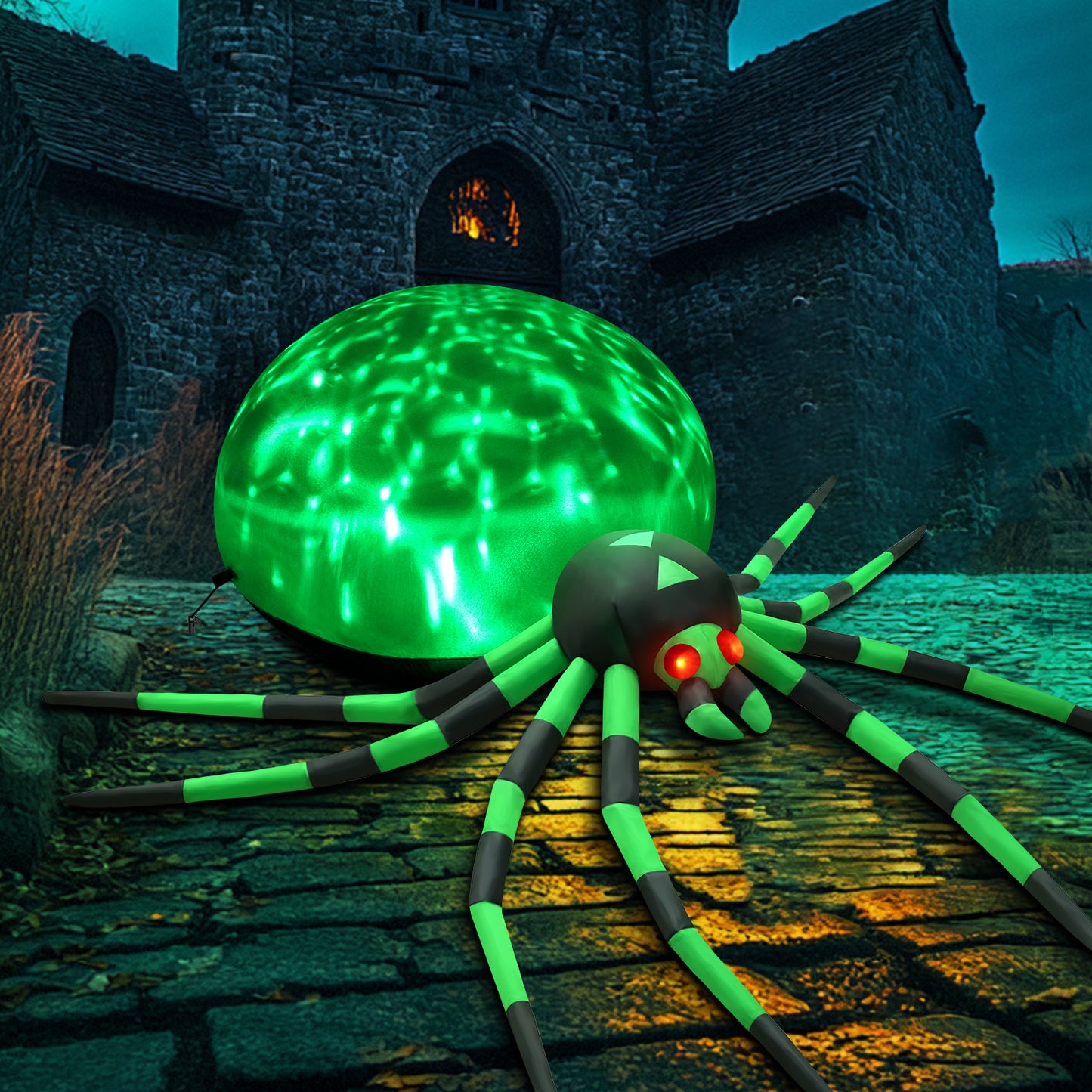 8FT Halloween Inflatables Outdoor Decorations Giant Spider Decorations with LED Lights and Air Pump Blow up Inflatable Green