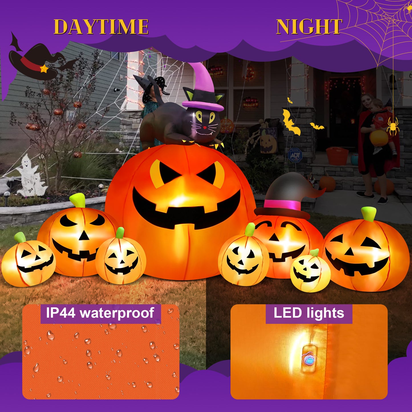 Yexmas 8.5FT Long Halloween Inflatables Pumpkin,8 Pumpkins Halloween Blow Ups with Black Cat & Witches Hat for Halloween Party Outdoor Yard Garden Lawn Decor