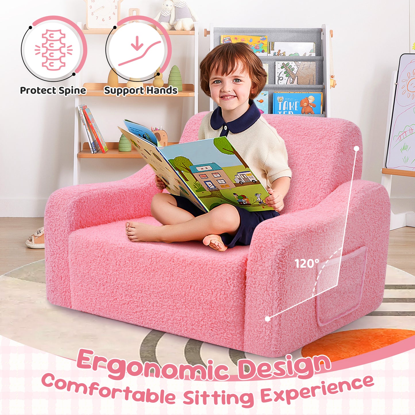 Babyeap 3-in-1 Kids Sofa,Toddler Sofa Bed Fold Out,Comfy Kids Couch,Convertible Baby Chair for Girls and Boys,Pink