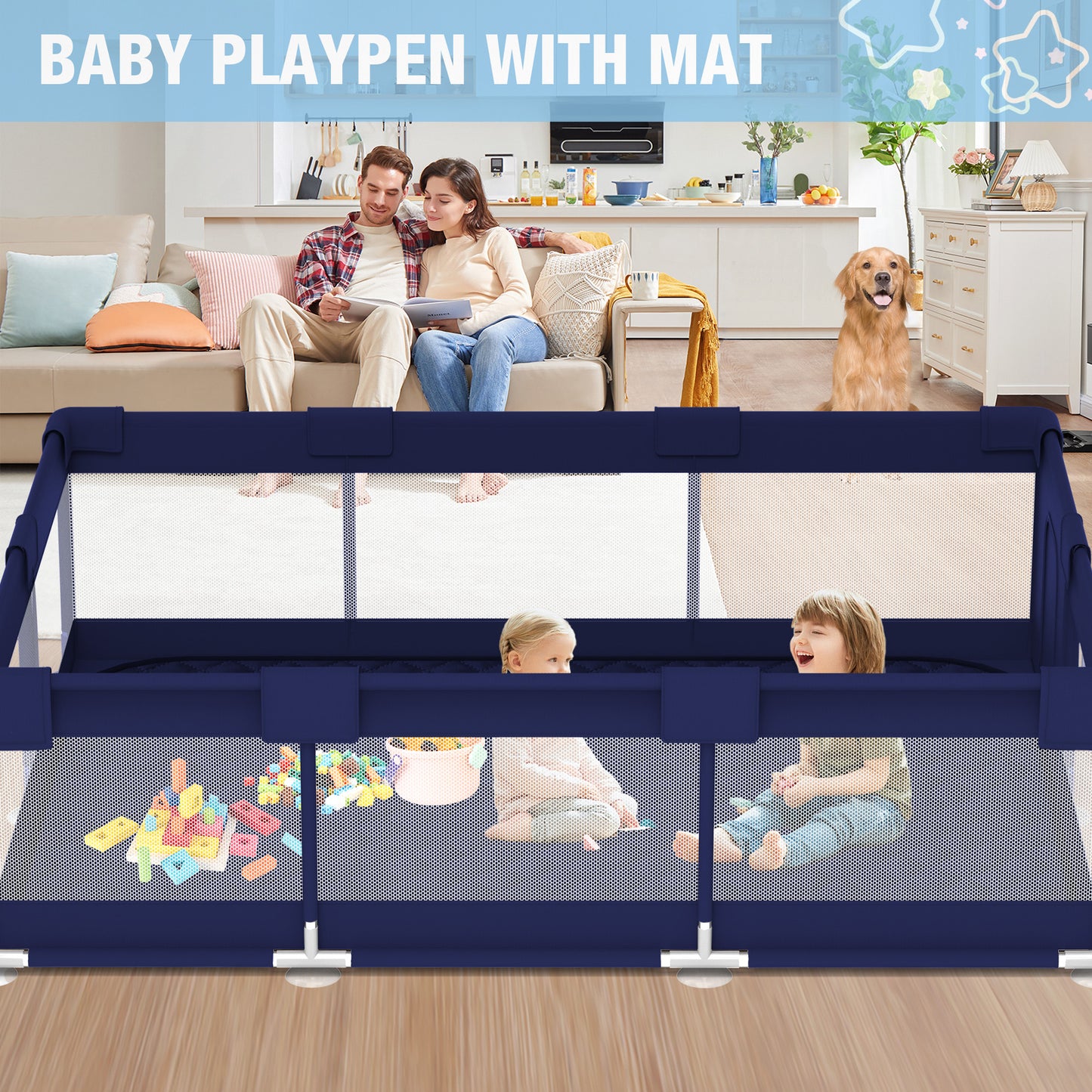 Babyeap Large Baby Playpen with Mat,71"x50"Playpen for Babies and Toddlers,Baby Play Yard Baby Fence Play Area Indoor Outdoor,Navy Blue