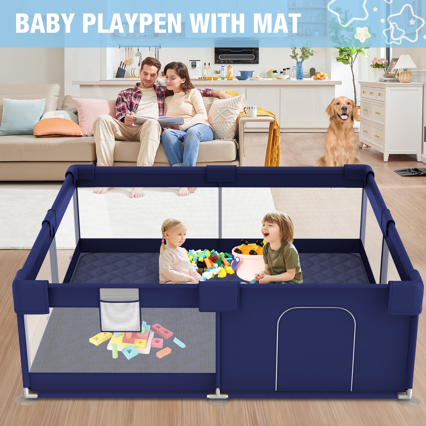 Babyeap Baby Playpen With Mat,50"x50"Play Pen for Babies and Toddlers,Play Yard With Gate for Indoor Outdoor,Navy Blue