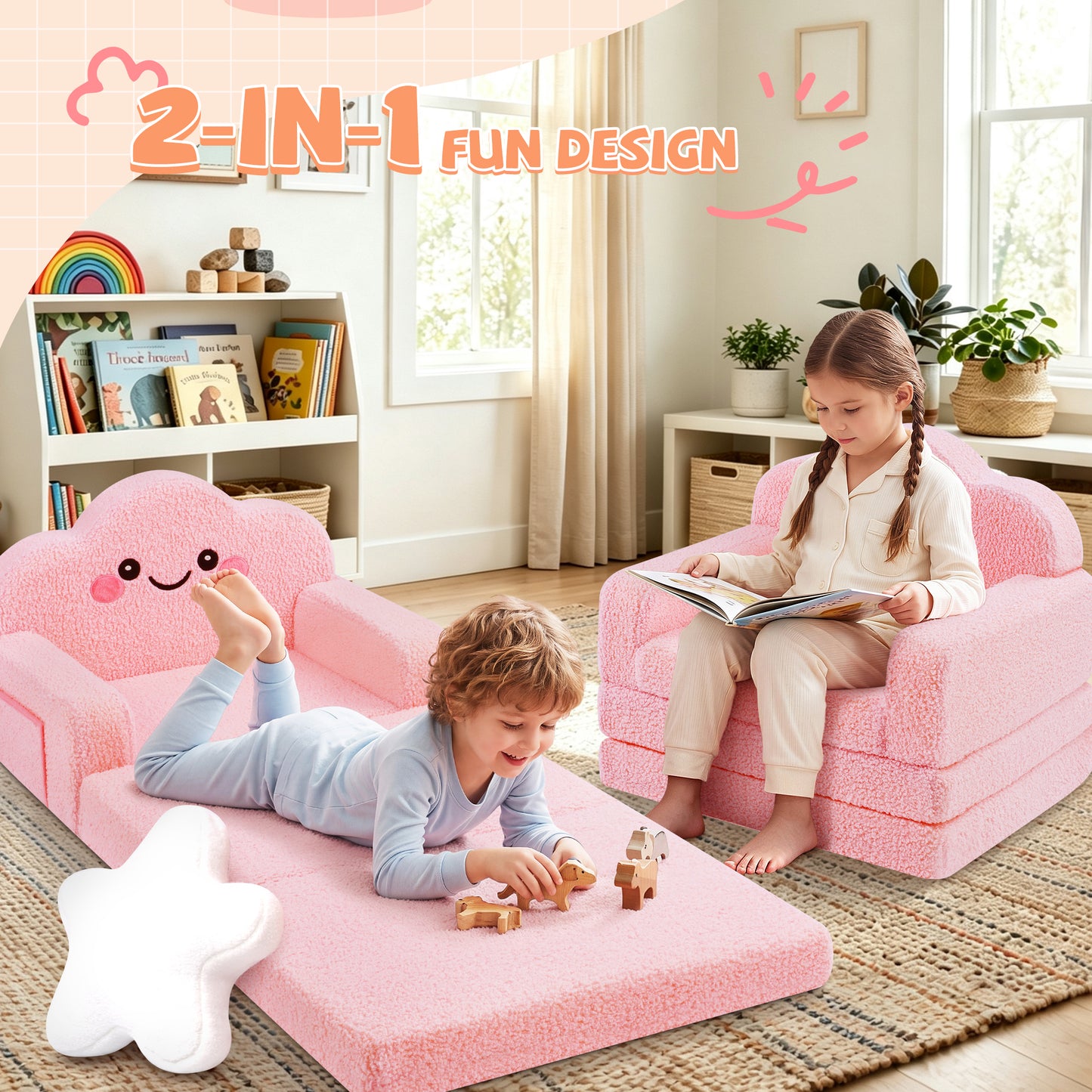 babyeap 2-in-1 Kids Sofa,Fold Out Toddler Couch with Star Pillow,Soft Convertible Kids Chair for Girls and Boys,Pink
