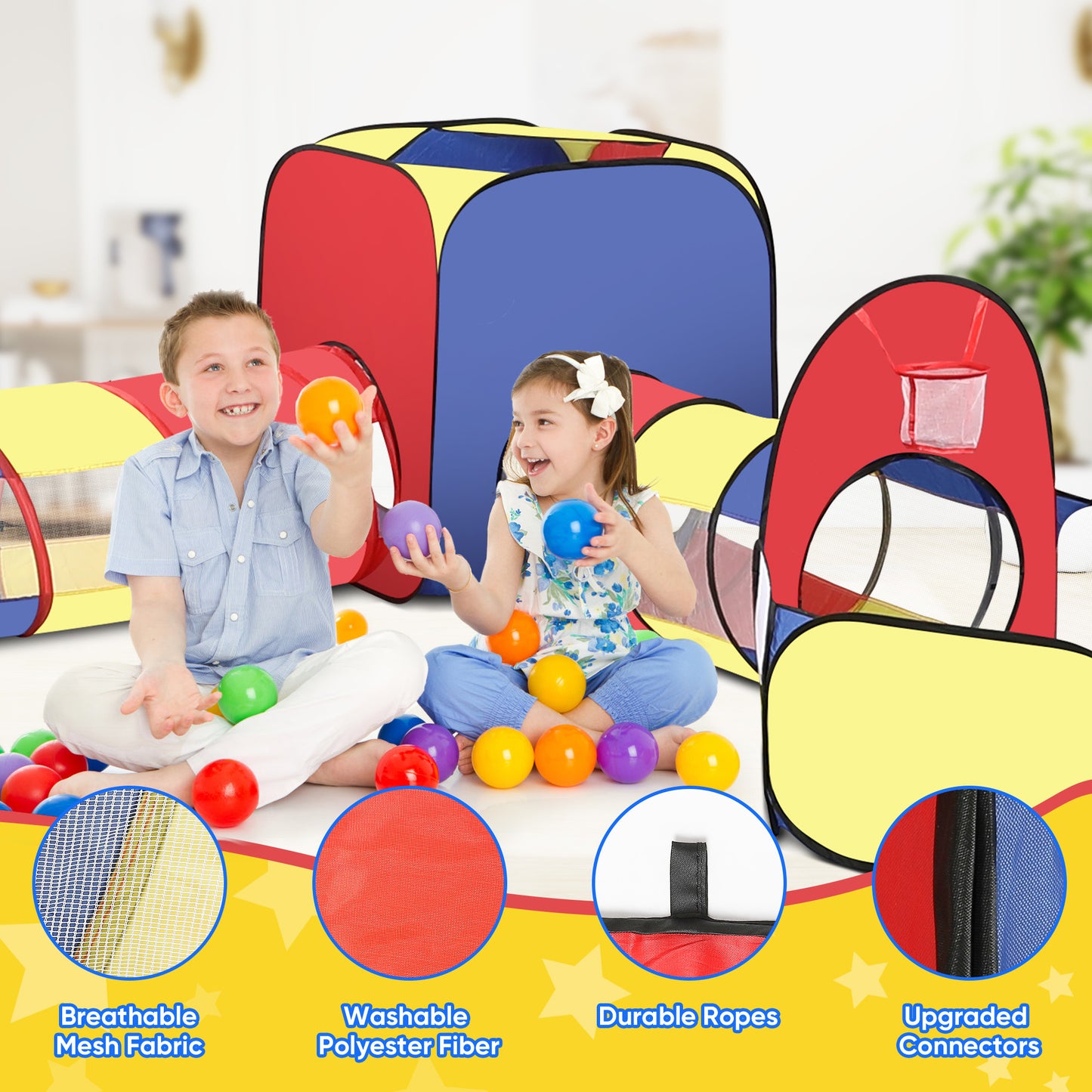 Yexmas 5 in 1 Kids Play Tent and Tunnels - Ball Pit for Toddlers, Basketball Hoop, 2 Crawl Tunnels, 2Pop-Up Playhouses Tent Set for Boys Girls Kids(No Ball)
