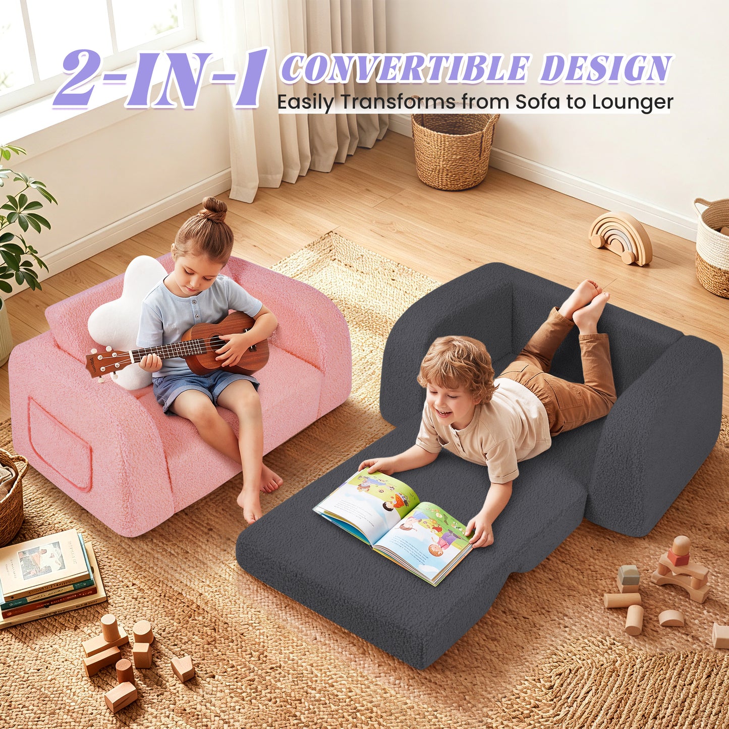 babyeap 2-in-1 Wide Base Kids Sofa,Fold Out Toddler Couch with Star Pillow,Soft Kids Chair for Reading, Playroom, Bedroom & Nursery,Deep Gray