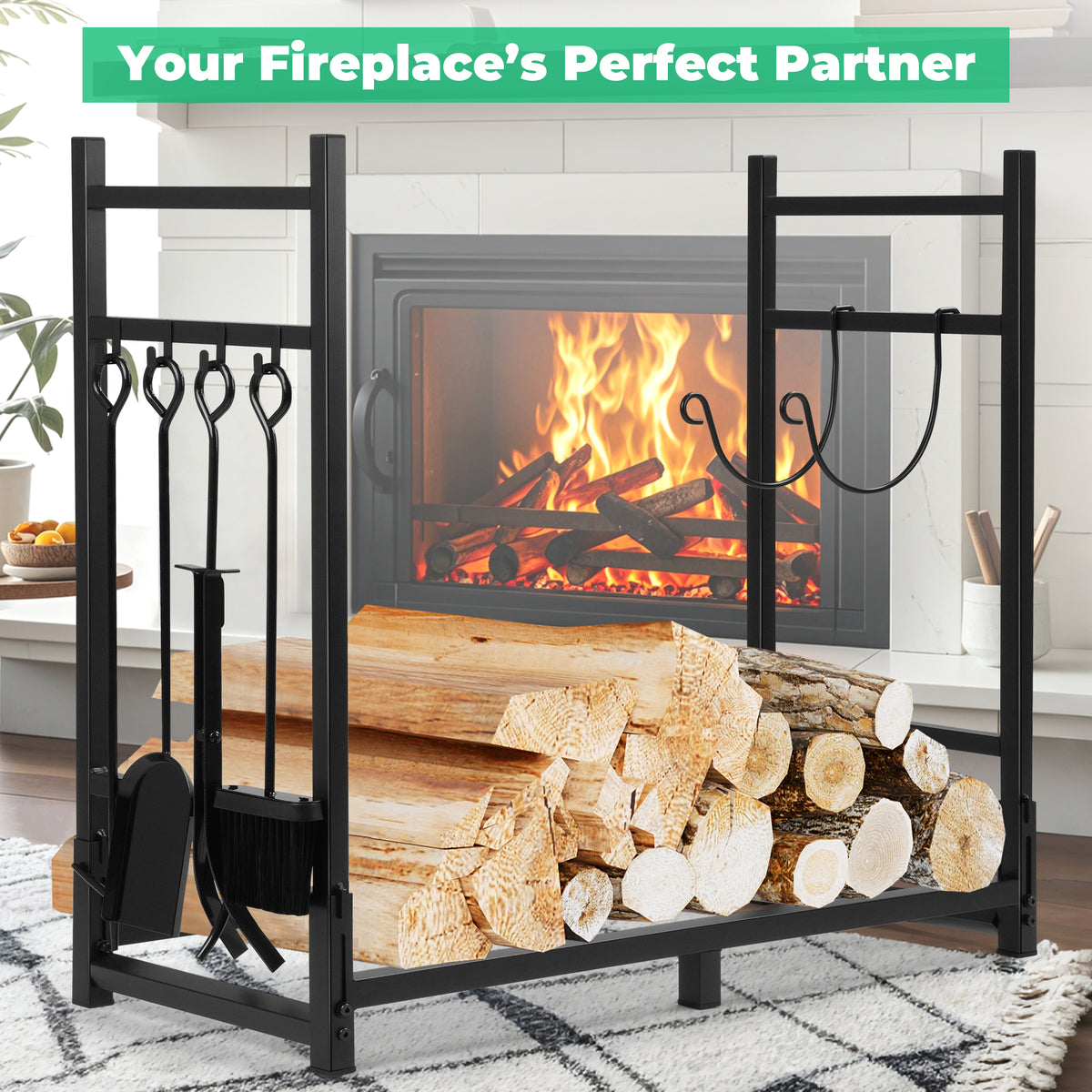Yexmas Foldable Firewood Rack with 5-Piece Fireplace Tool Set & Kindling Holder, Indoor/Outdoor Wood Storage Organizer for Fireplace & Fire Pit