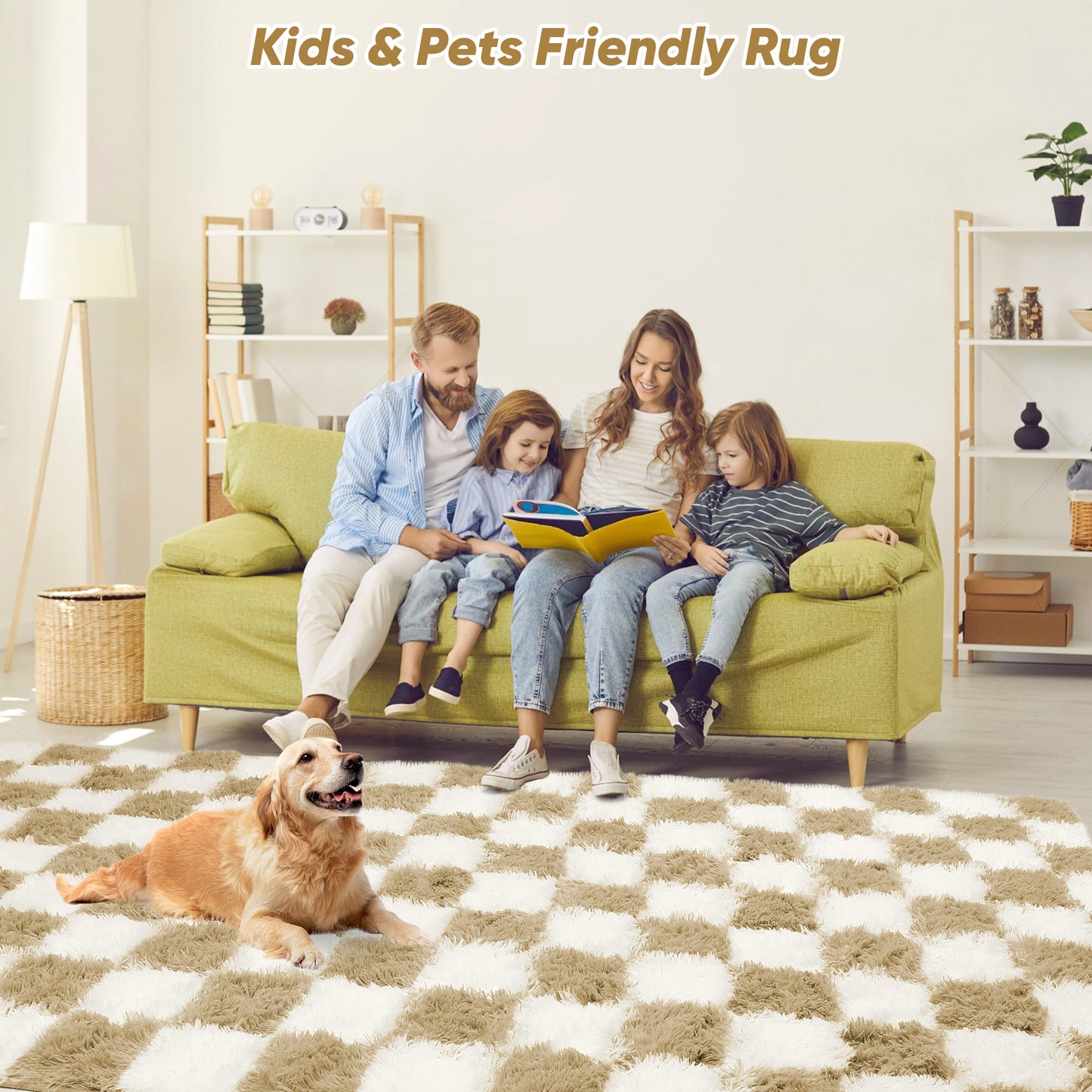 CozyDesg Shag Area Rugs,5'x8'/8' x 10' Soft Fluffy Floor Rugs Checkered Carpet，Washable Area Rugs for Living Room Bedroom Decor,Beige & White