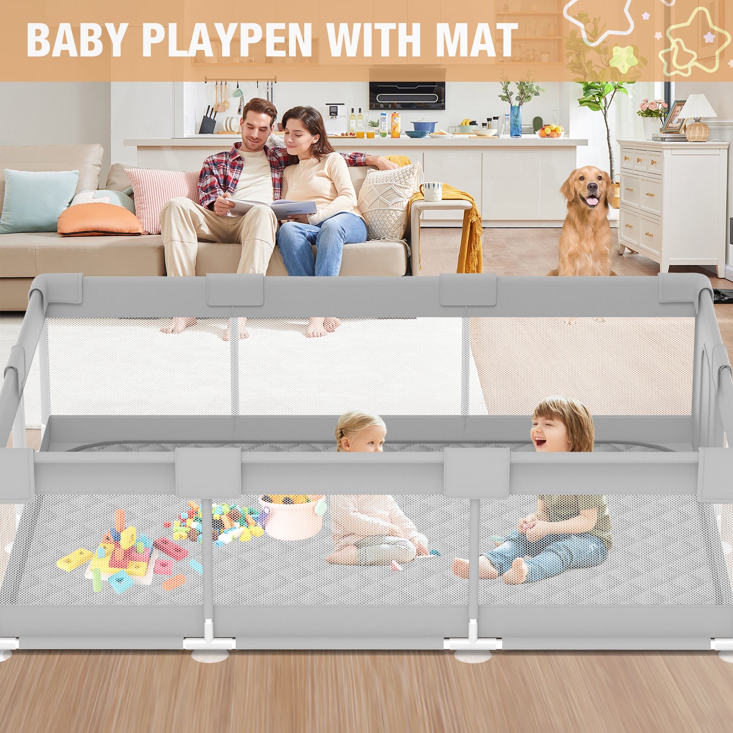 Babyeap Large Baby Playpen with Mat,71"x50"Playpen for Babies and Toddlers,Baby Play Yard Baby Fence Play Area Indoor Outdoor,LightGray