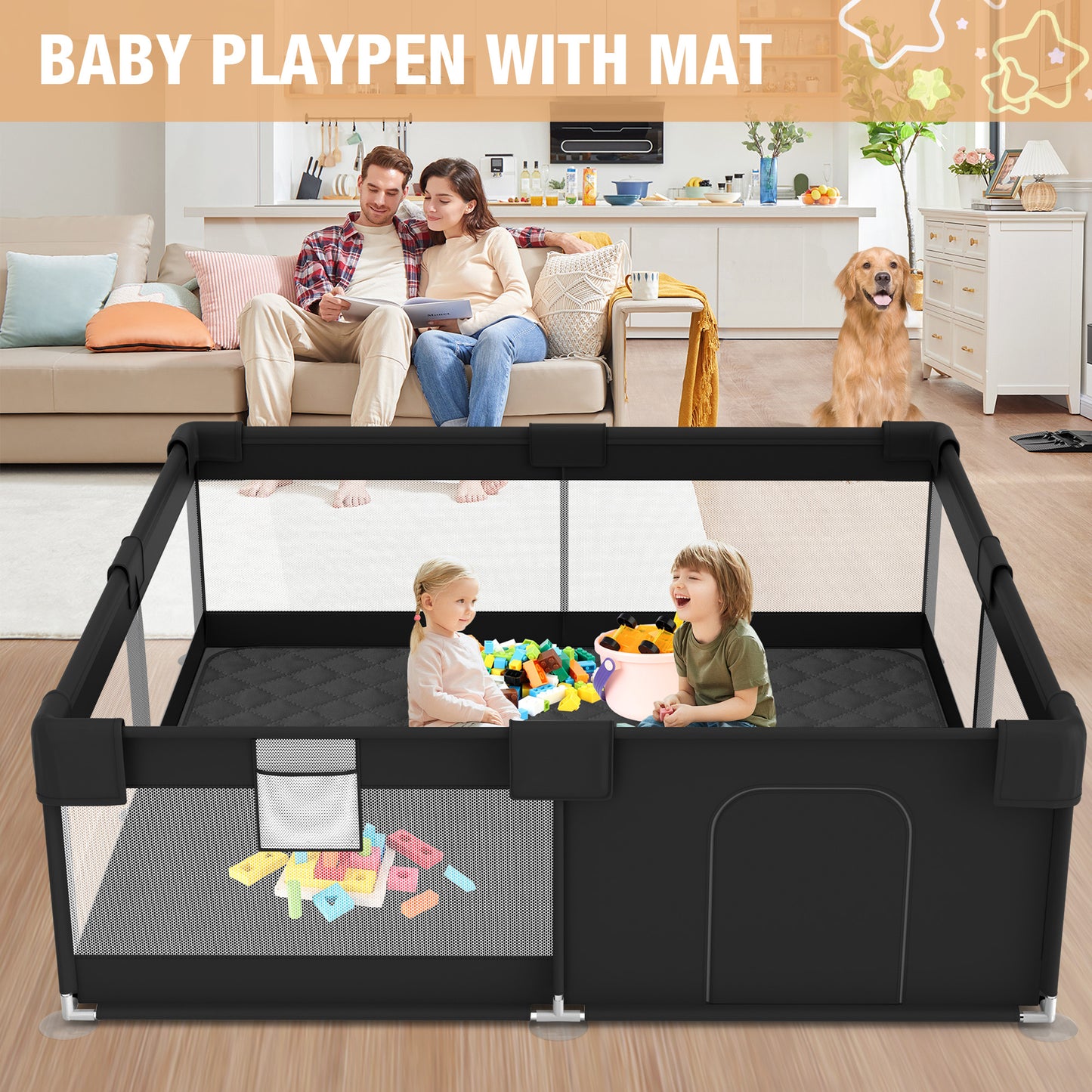 Babyeap Baby Playpen With Mat,50"x50"Play Pen for Babies and Toddlers,Play Yard With Gate for Indoor Outdoor,Black