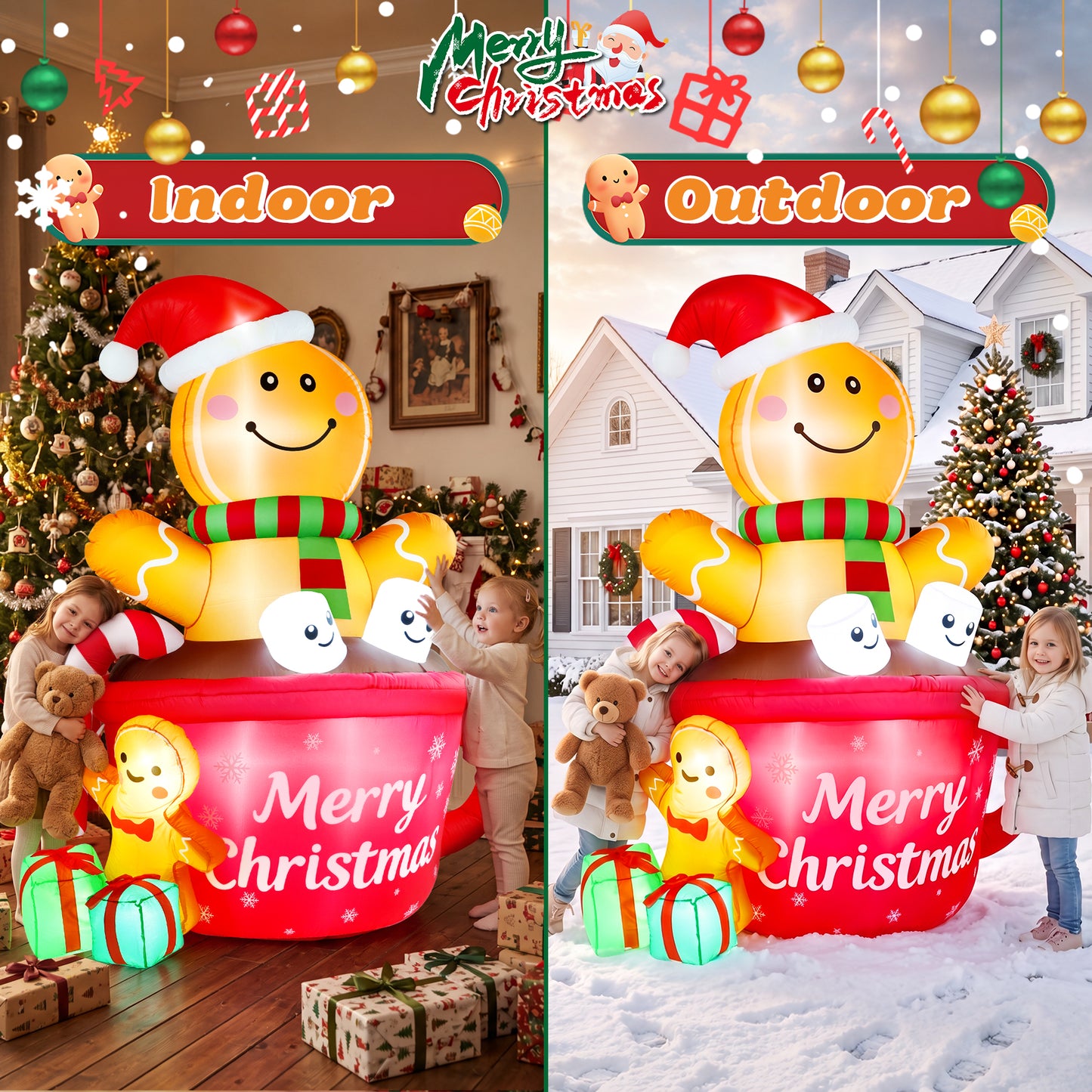 Yexmas 6FT Christmas Inflatable Gingerbread Man in Hot Cocoa Mug Blow Up Decor with LED Lights, Candy Cane, Marshmallows and Gift Box,  for Yard, Lawn,Garden