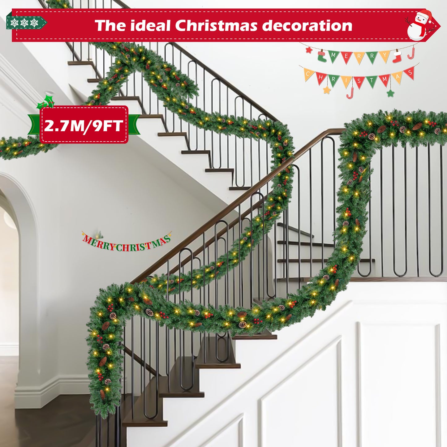 Yexmas 9ft Large Christmas Garland, Multi-Purpose Xmas Wreath with 60 LED Lights, Decorated with Pinecones, Berry Clusters, Battery Operated