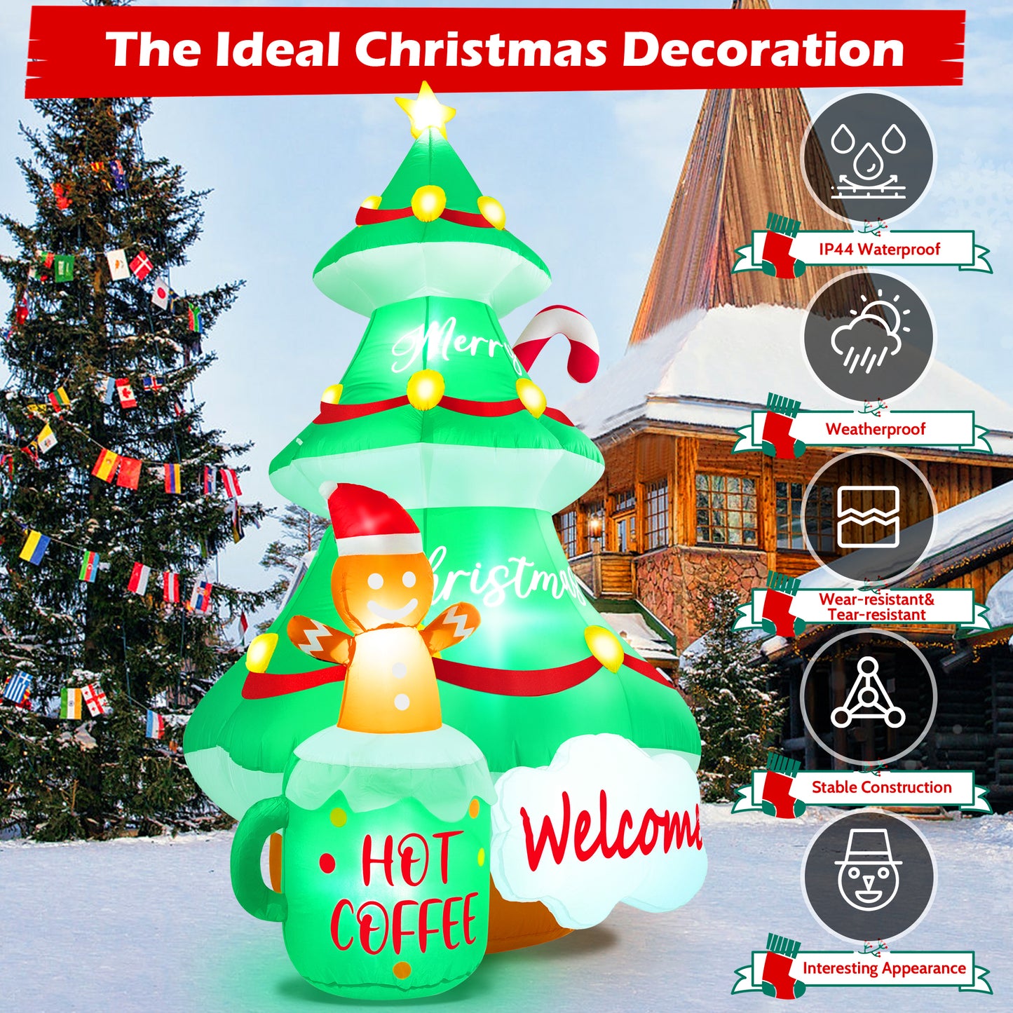 Yexmas 7FT Large Outdoor Inflatable Christmas Tree with Snowman, Hot Coffee Cup and Welcome Sign, Built-in LED Lights, Blow Up Xmas Decoration for Yard, Garden, Lawn