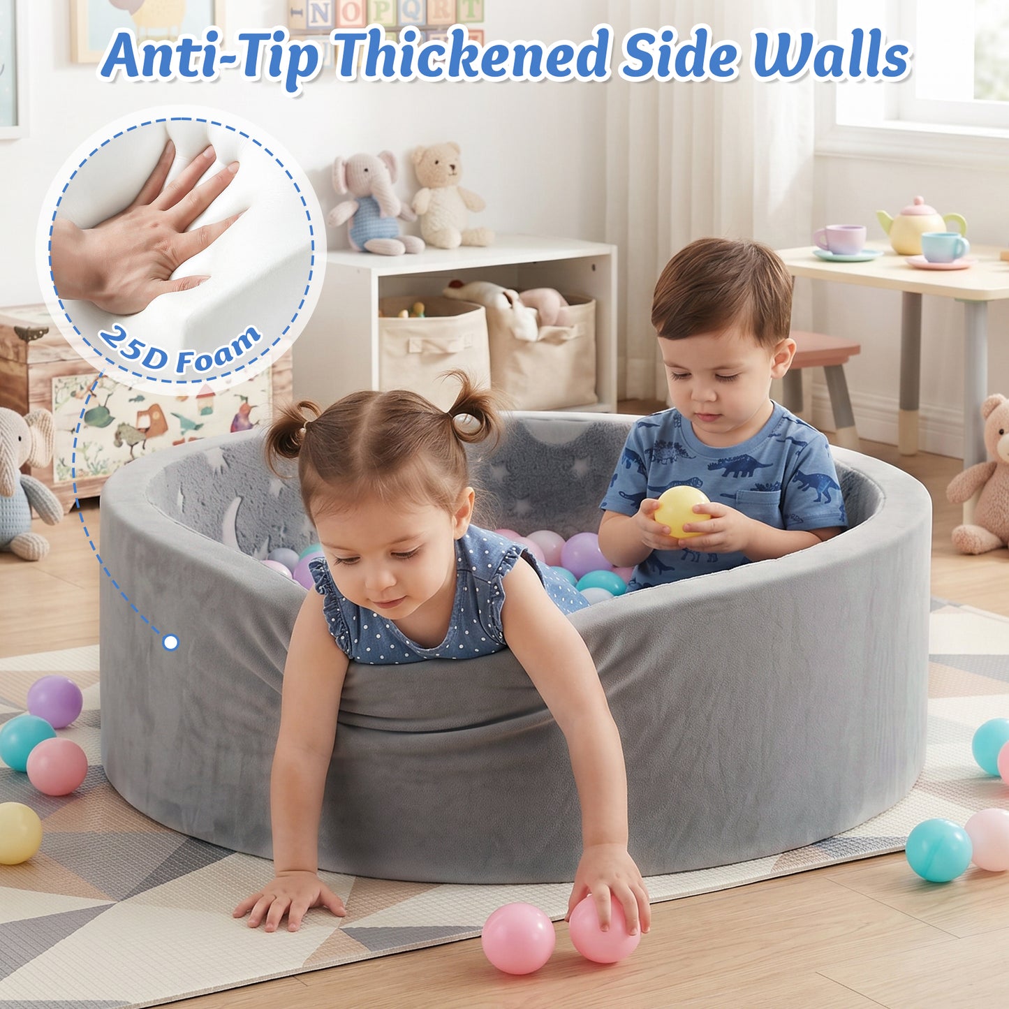 babyeap Ball Pit with 65 Balls,Glowing Foam Ball Pit for Toddlers,Large Soft Baby Playpen Ball Pool for Indoor & Outdoor Play,Round Kids Play Pit,Gray