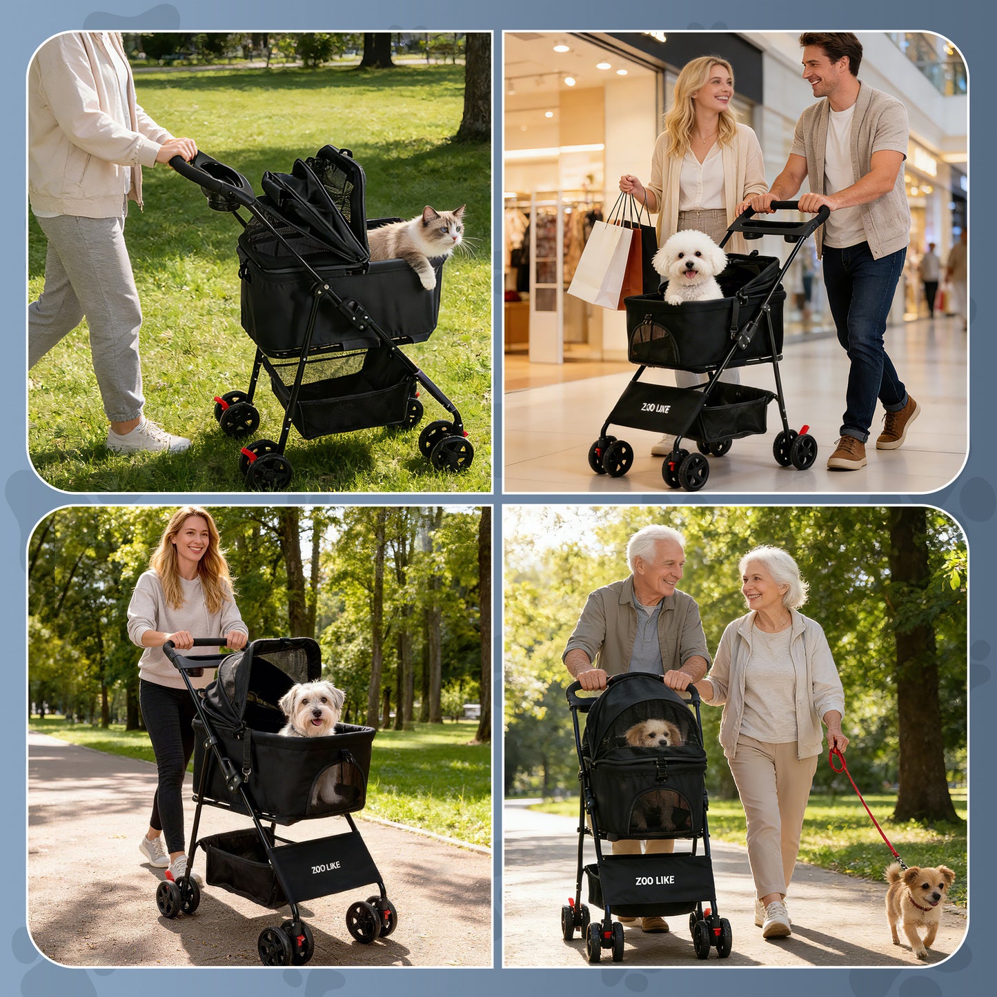 Zoolike 3 in 1 Pet Stroller for Dogs and Cats,4 Wheel Foldable Stroller with Detachable Carrier&Storage Basket,Black