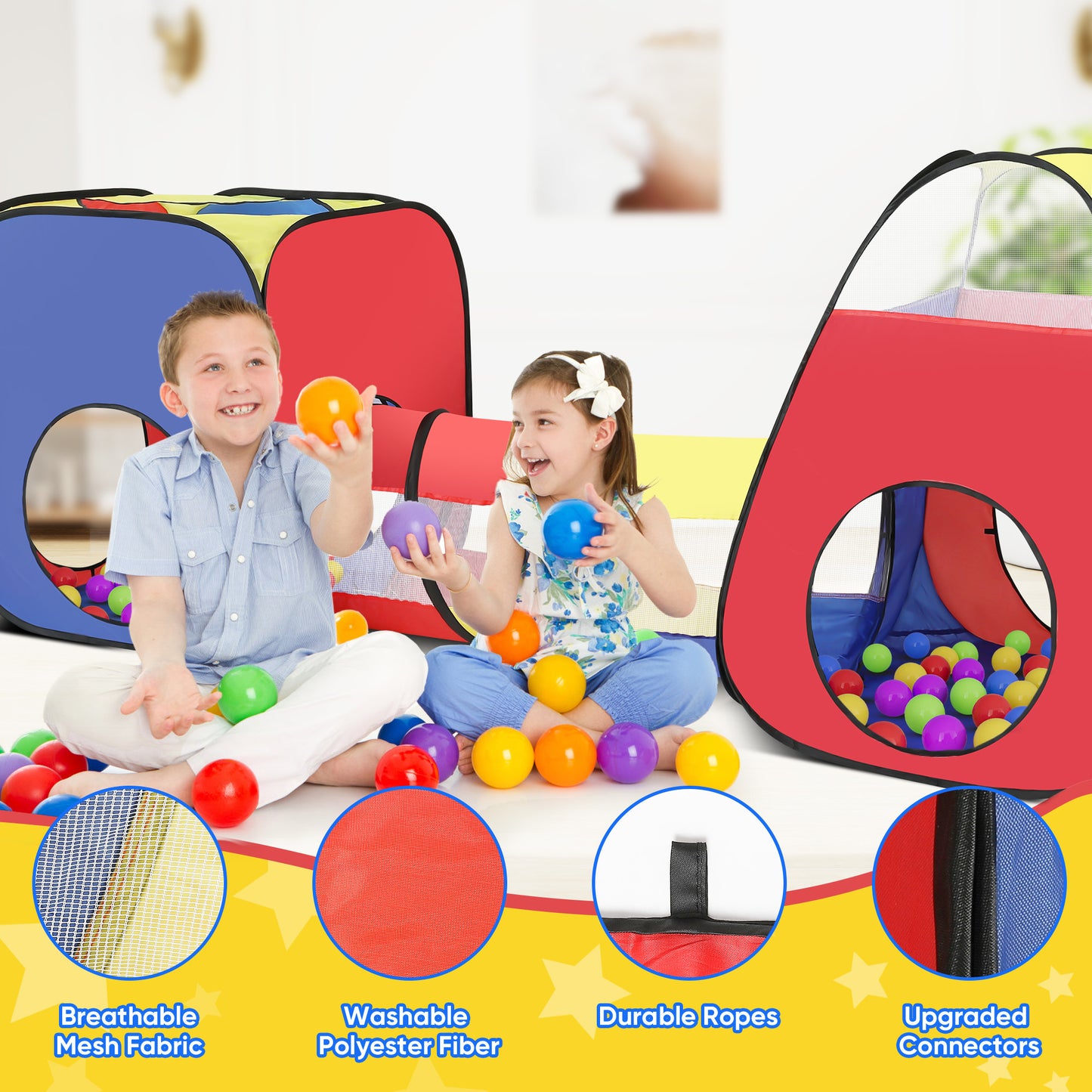 Yexmas 3 in 1 Kids Play Tent and Tunnels - Ball Pit+Crawl Tunnel+Castle Tent Playhouse Tent Set for Boys Girls Kids(No Ball)