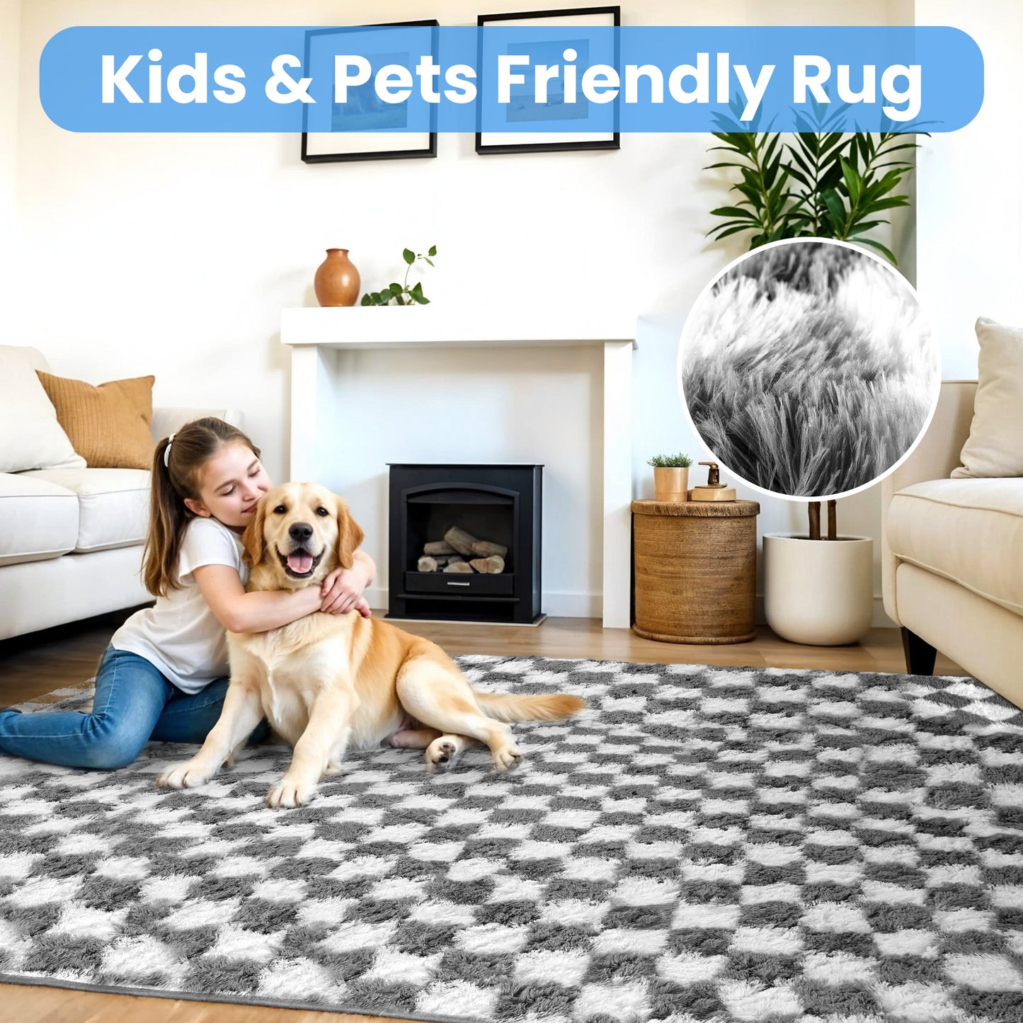 CozyDesg Large Rugs,4'x6' Soft Fluffy Shag Indoor Floor Carpet for Living Room Bedroom Dining Room Office Home Decor,Dark Gray & White
