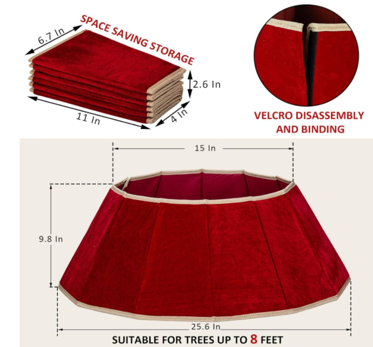 Yexmas Velvet Christmas Tree Collar Skirt, 25CM Height, 38CM Top Diameter, 65CM Bottom Diameter, Soft Fabric Tree Base Cover for Xmas Holiday Decor